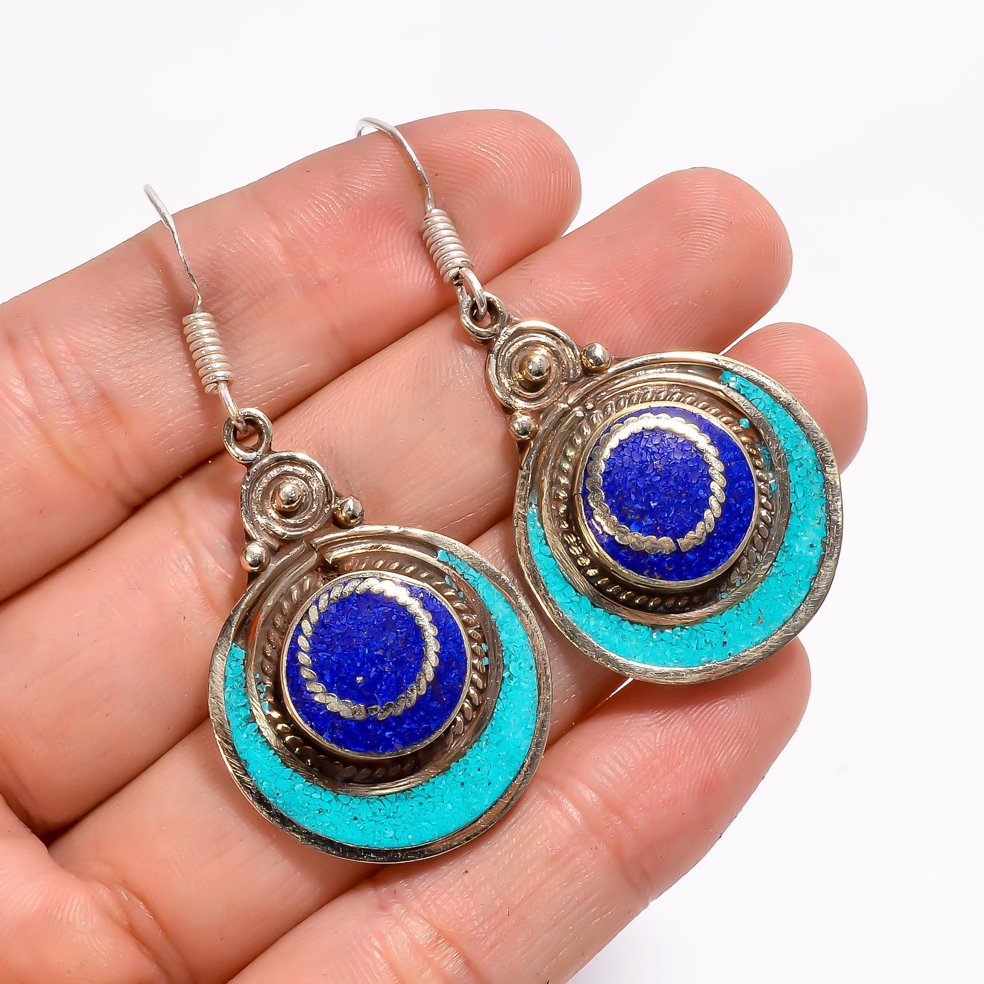 Tibetan Silver Earrings Lapis Turquoise Gemstone Fashion Earrings