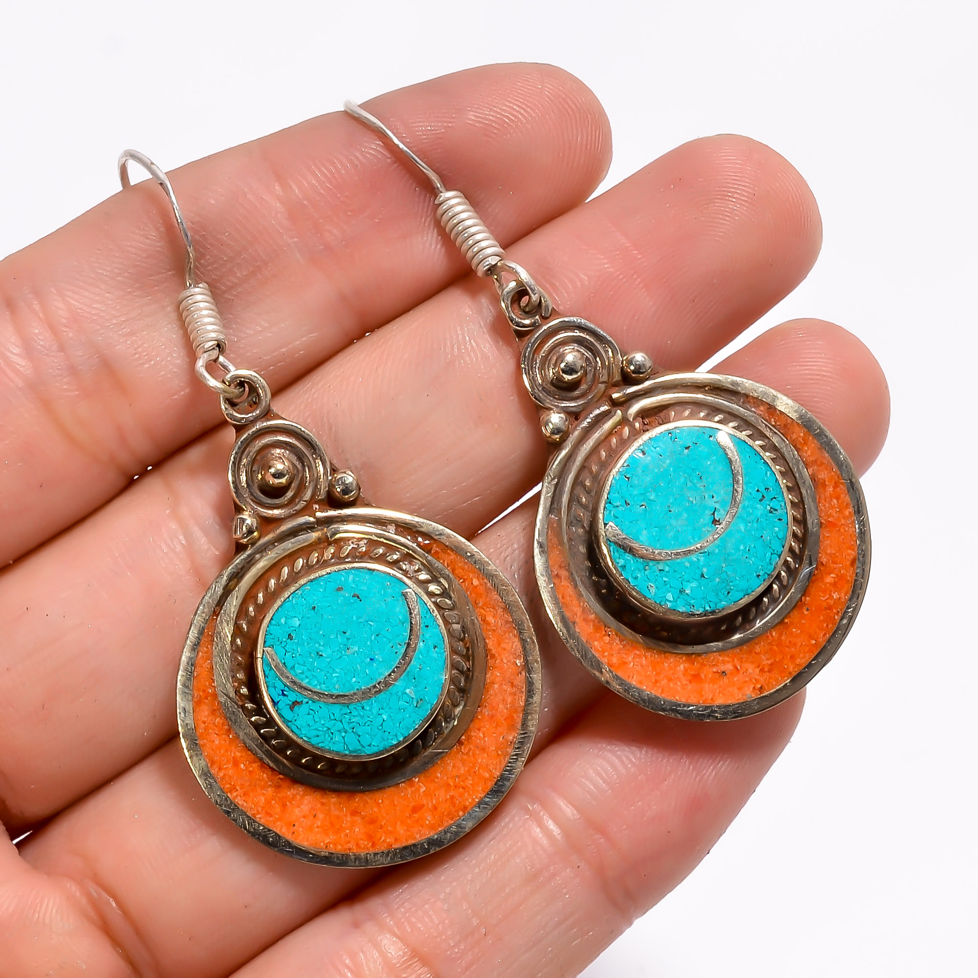 Tibetan Silver Earrings Turquoise Coral Gemstone Fashion Earrings