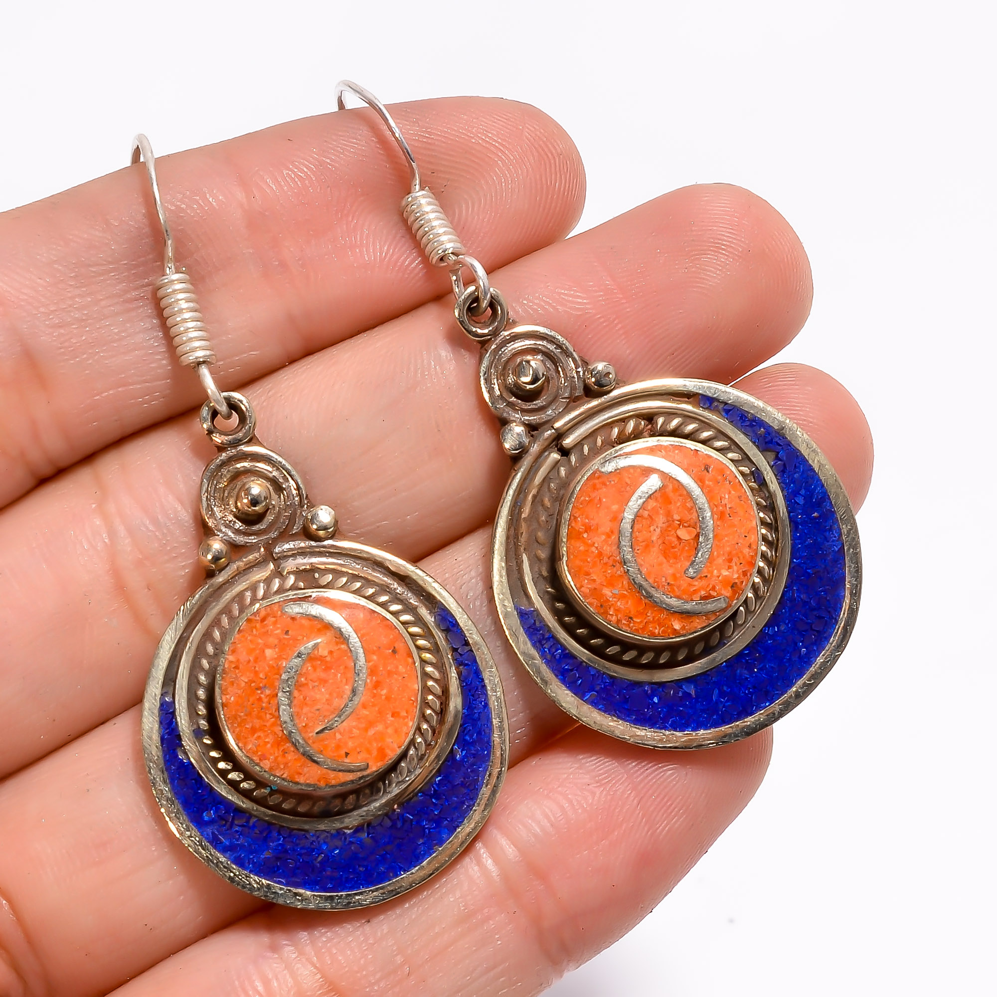 Tibetan Silver Earrings Coral Lapis Gemstone Fashion Earrings