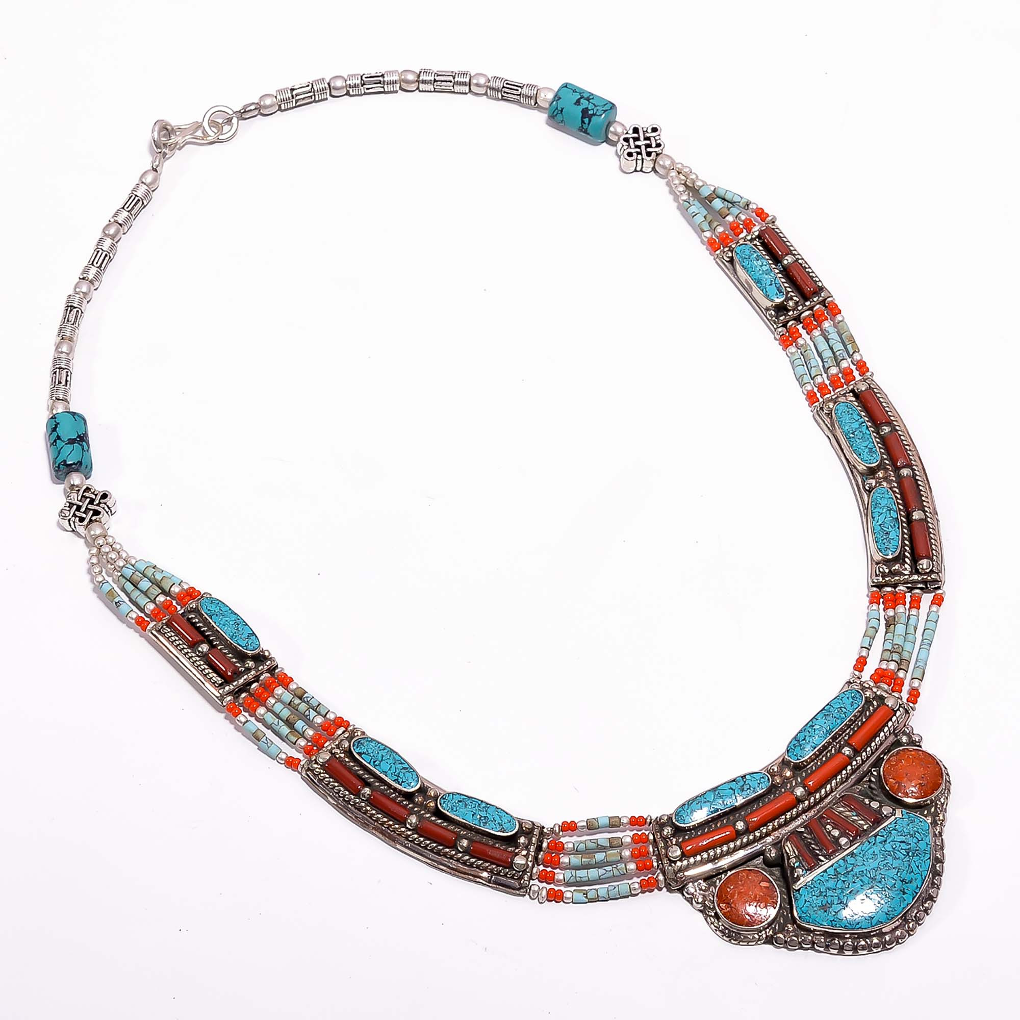 Tibetan Silver Necklace Turquoise Coral Gemstone Fashion Necklace