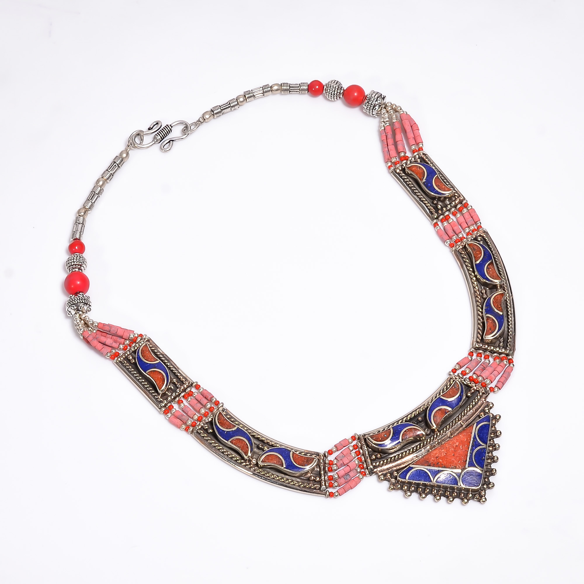 Tibetan Silver Necklace Coral Lapis Gemstone Fashion Necklace