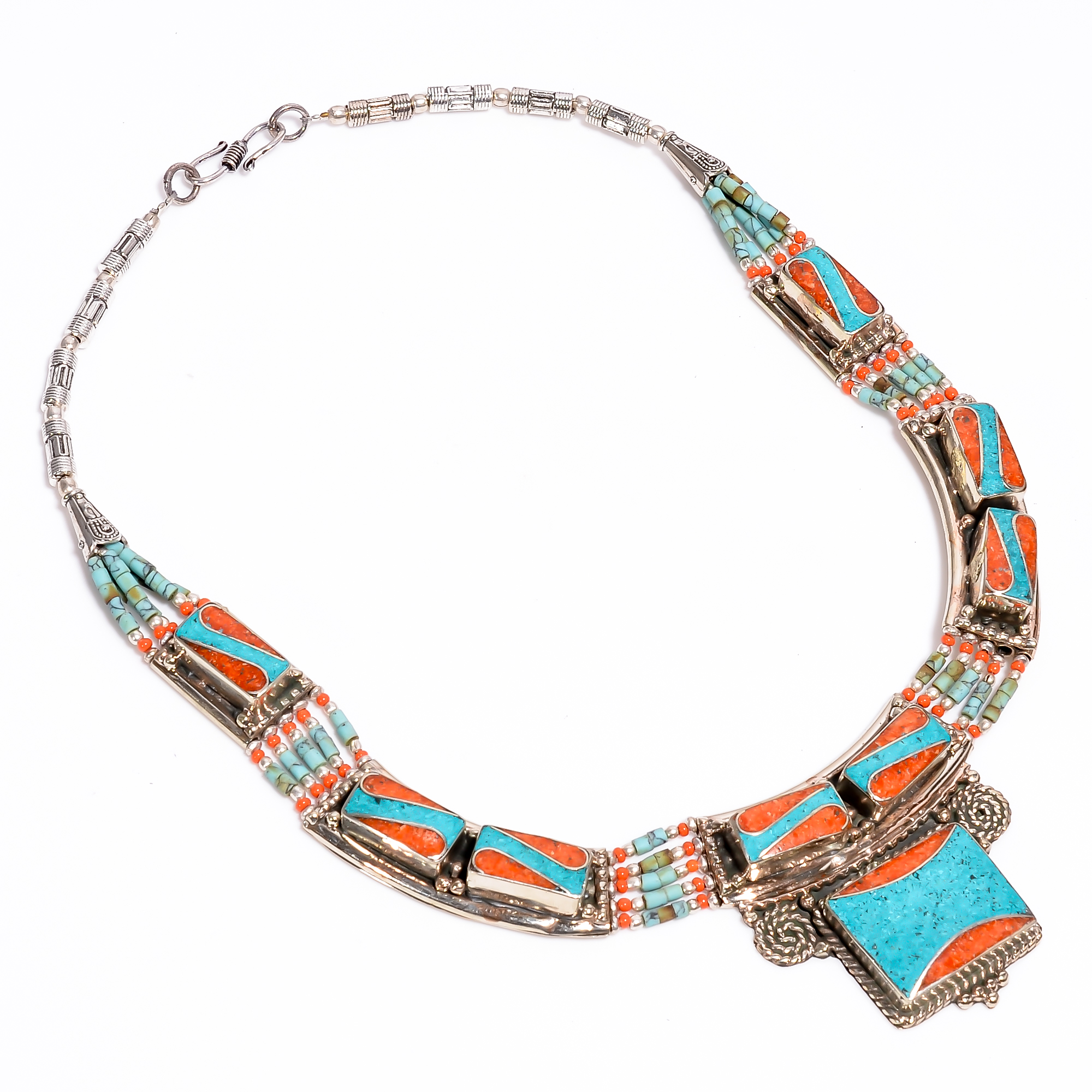 Tibetan Silver Necklace Coral Turquoise Gemstone Fashion Necklace