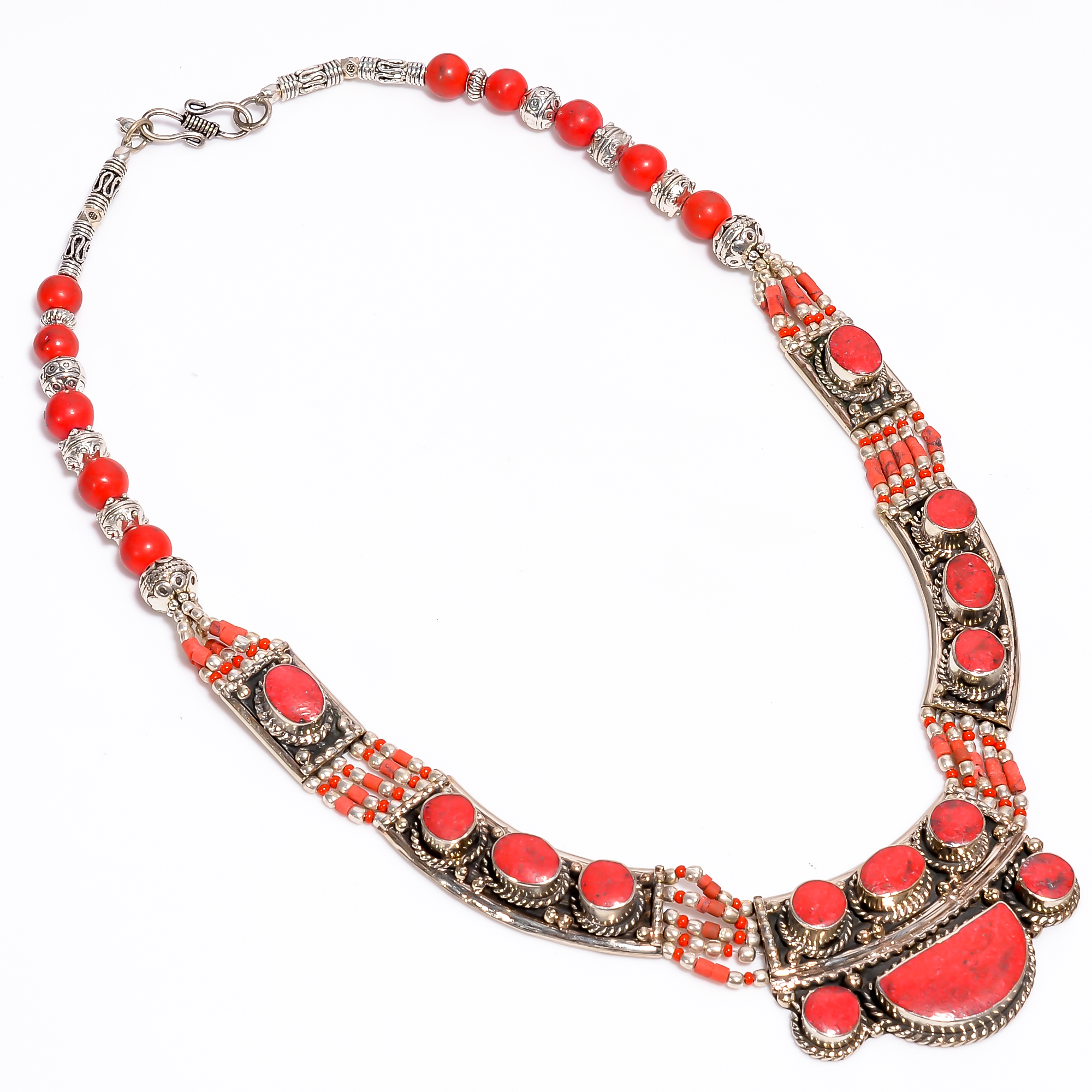 Tibetan Silver Necklace Coral Gemstone Fashion Necklace