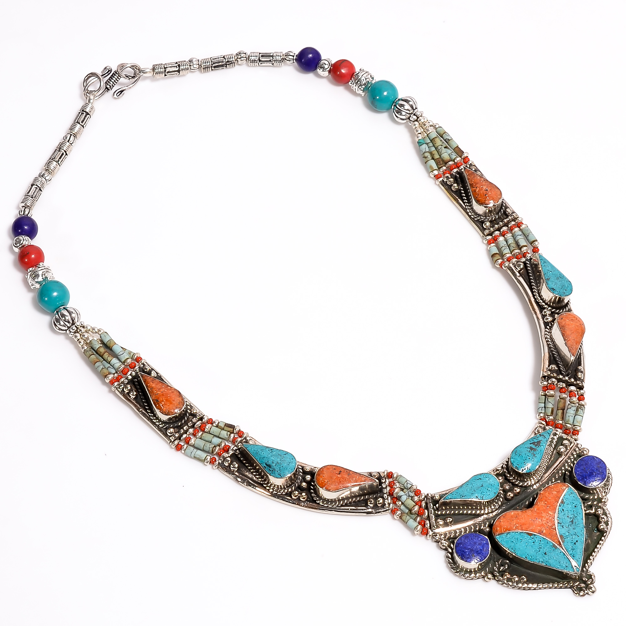 Tibetan Silver Necklace Coral Turquoise Lapis Gemstone Fashion Necklace