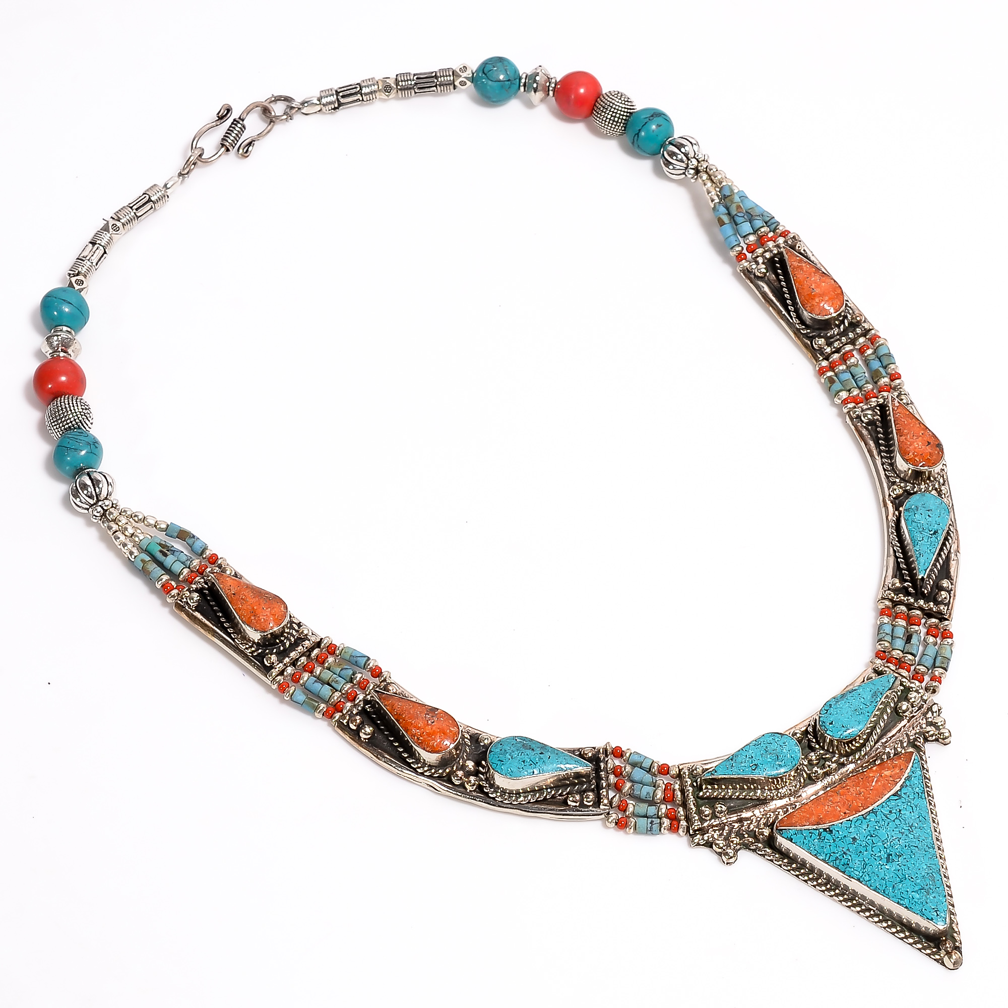 Tibetan Silver Necklace Coral Turquoise Gemstone Fashion Necklace