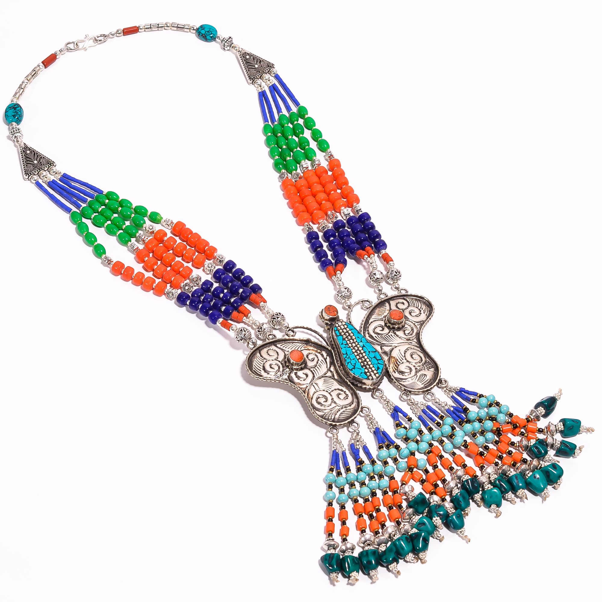 Tibetan Silver Necklace Coral Turquoise Lapis Gemstone Fashion Necklace