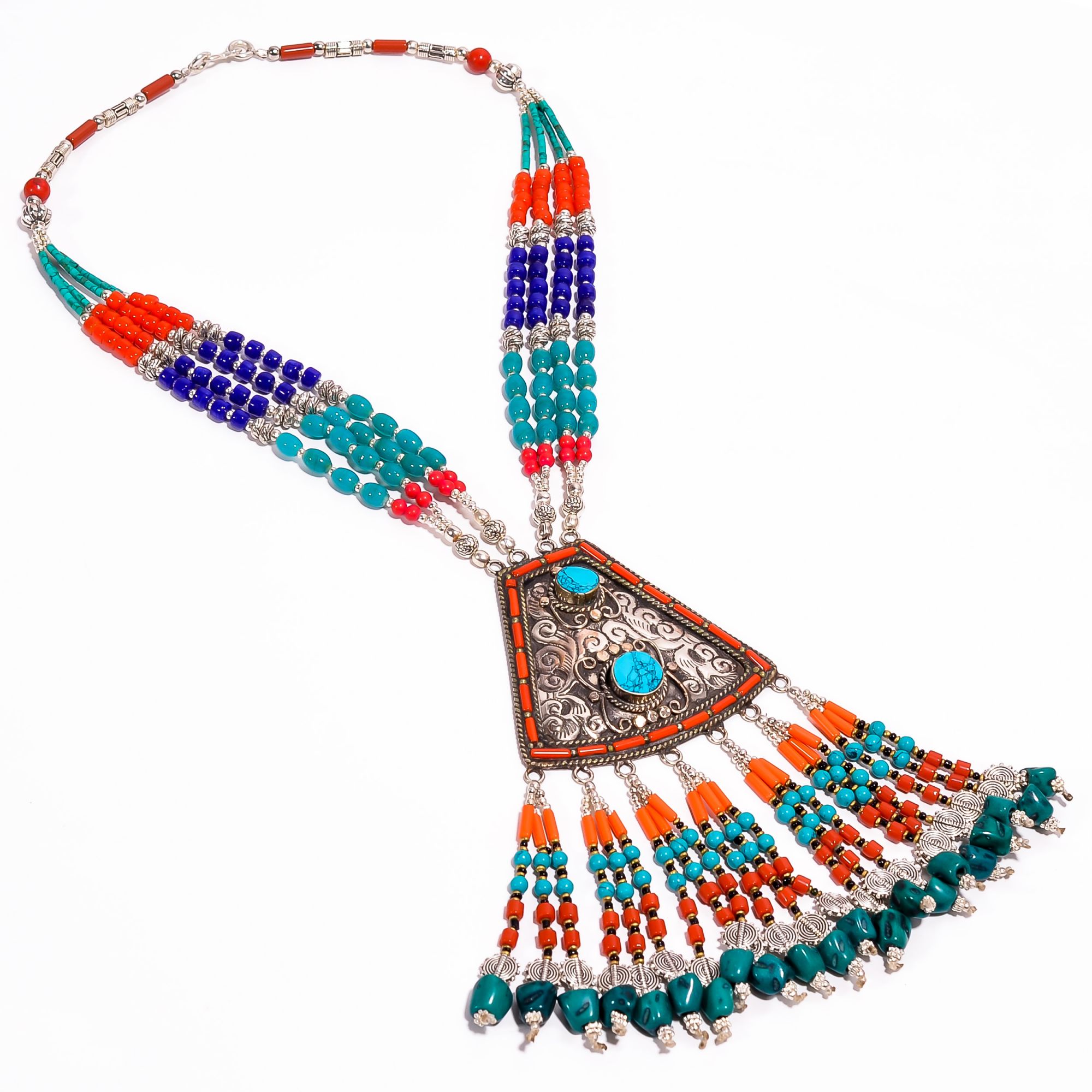 Tibetan Silver Necklace Coral Turquoise Lapis Gemstone Fashion Necklace