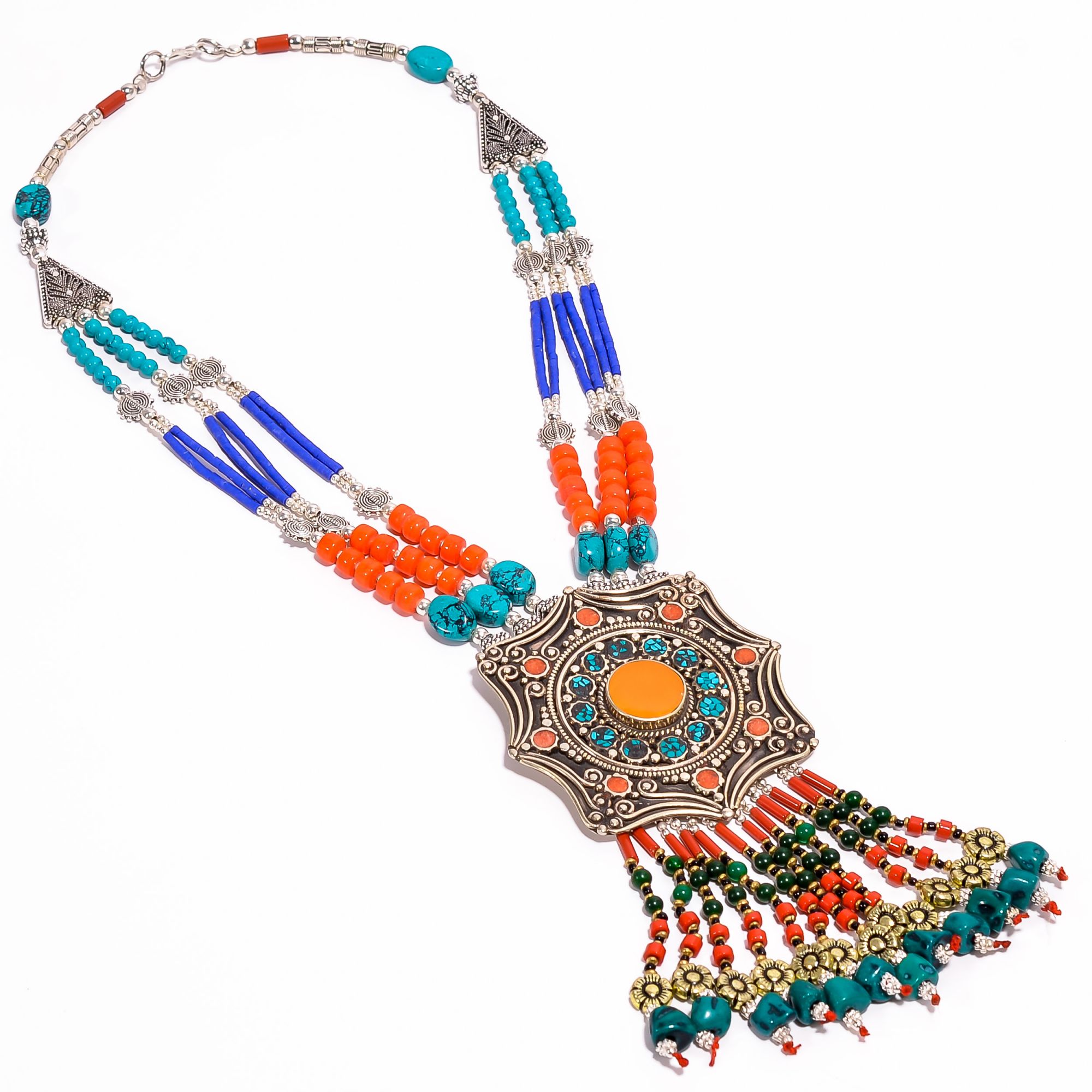 Tibetan Silver Necklace Coral Turquoise Lapis Gemstone Fashion Necklace