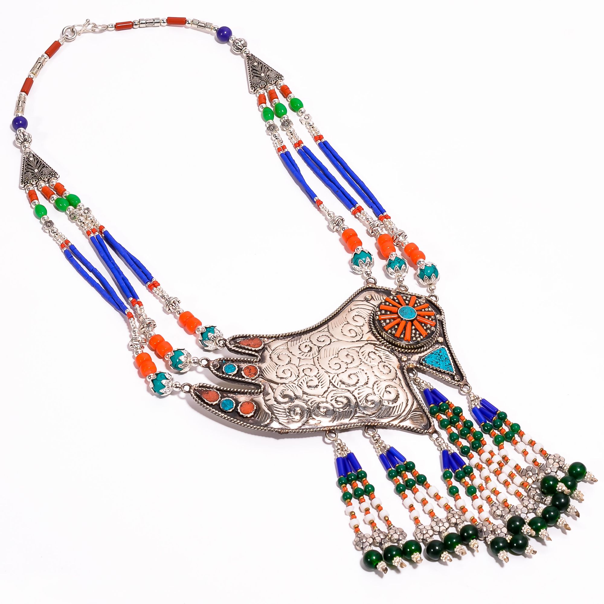 Tibetan Silver Necklace Coral Turquoise Lapis Gemstone Fashion Necklace