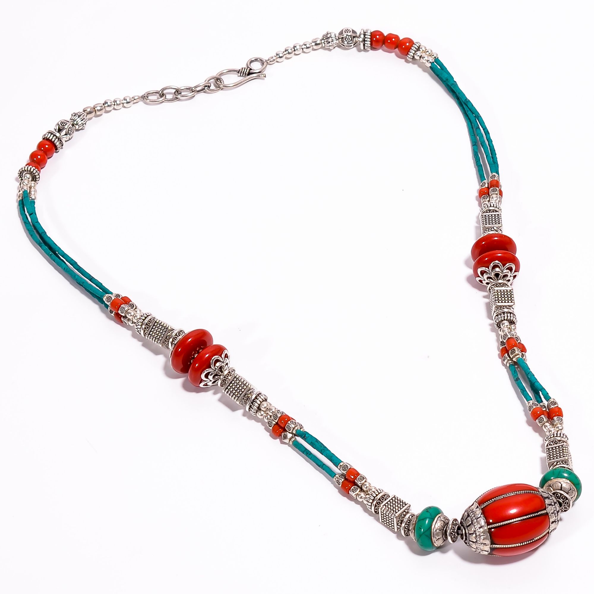 Tibetan Silver Necklace Coral Turquoise Gemstone Fashion Necklace