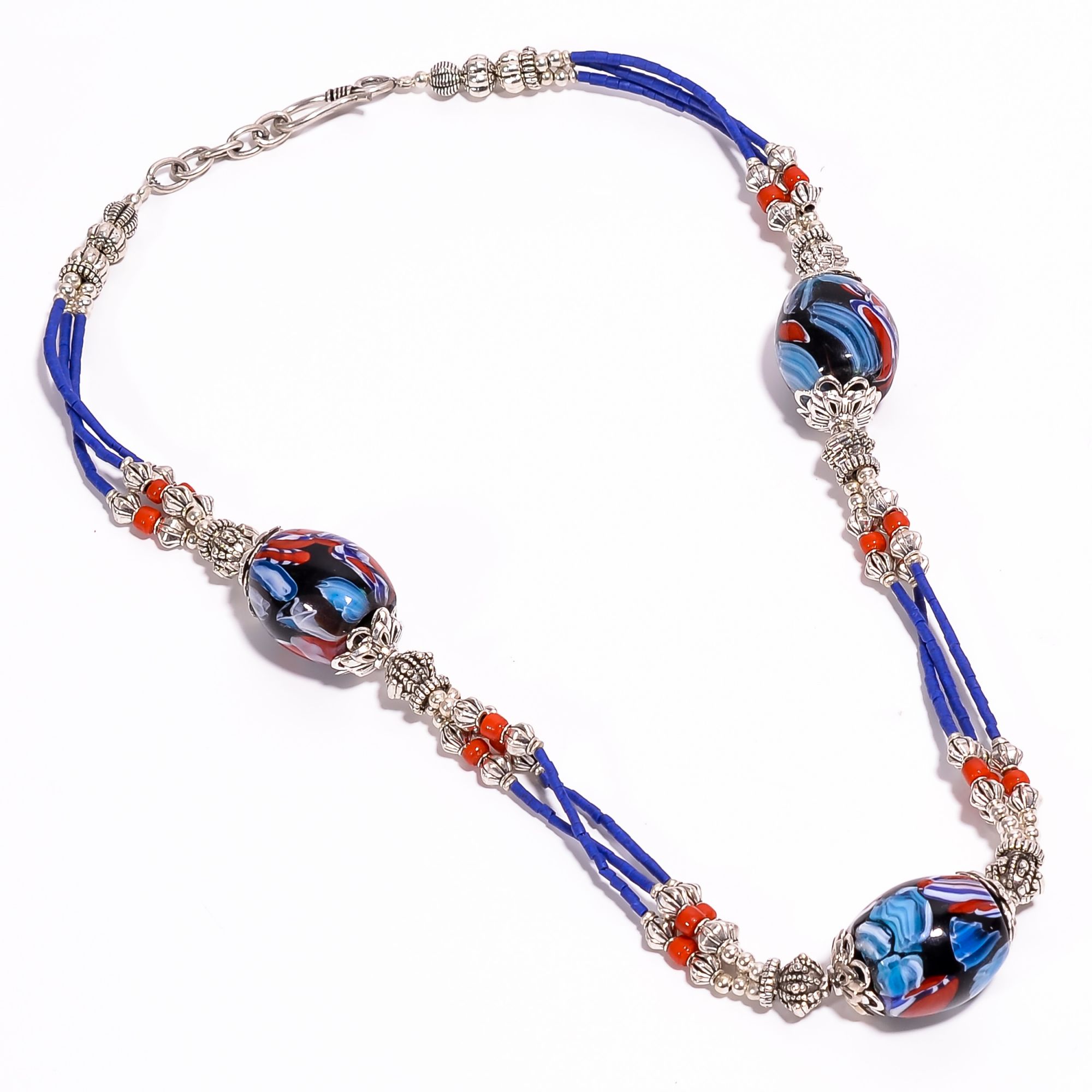 Tibetan Silver Necklace Coral Lapis Gemstone Fashion Necklace