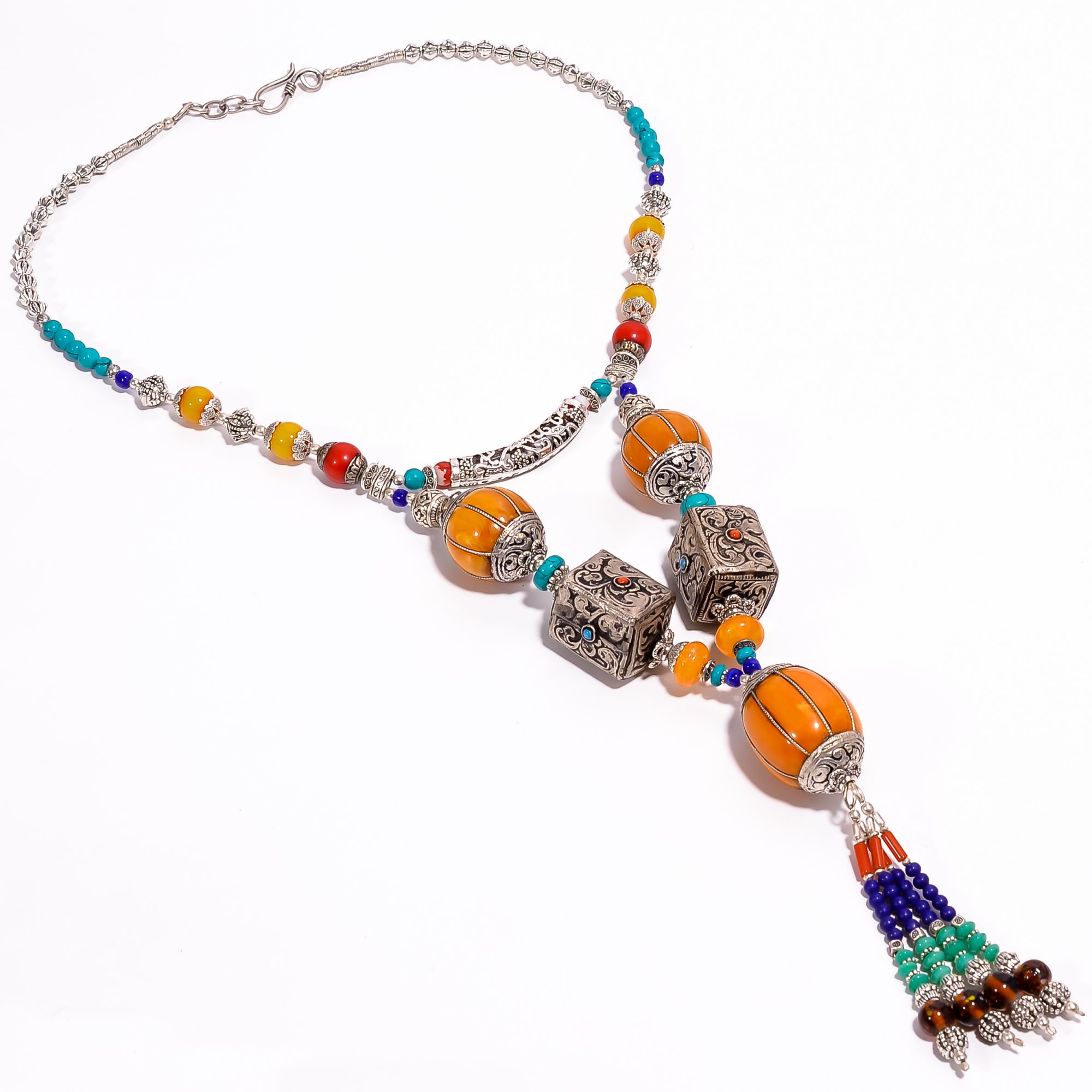 Tibetan Silver Necklace Coral Turquoise Lapis Yellow Jade Gemstone Fashion Necklace