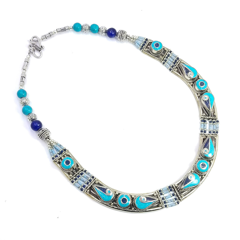 Tibetan Silver Necklace Turquoise Lapis Gemstone Fashion Necklace