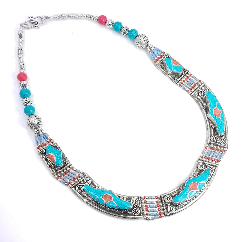 Tibetan Silver Necklace Turquoise Coral Gemstone Fashion Necklace