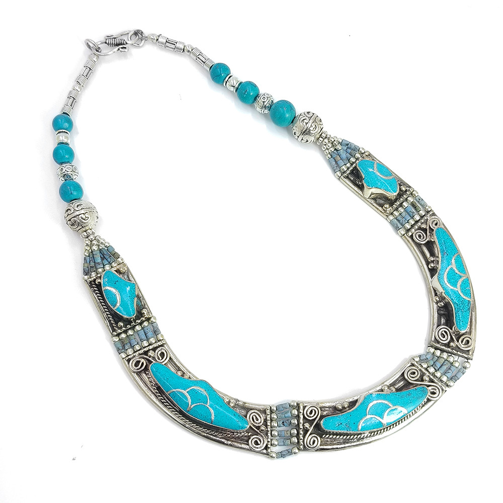 Tibetan Silver Necklace Turquoise Gemstone Fashion Necklace
