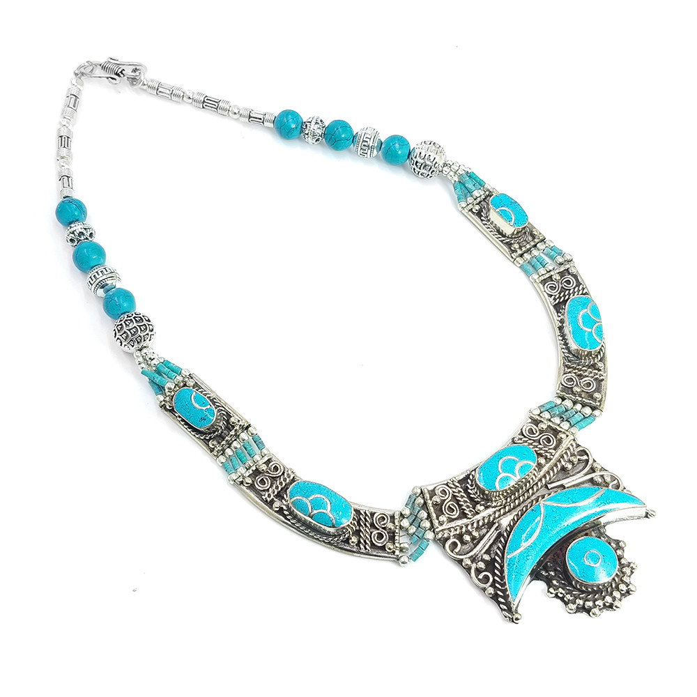Tibetan Silver Necklace Turquoise Gemstone Fashion Necklace