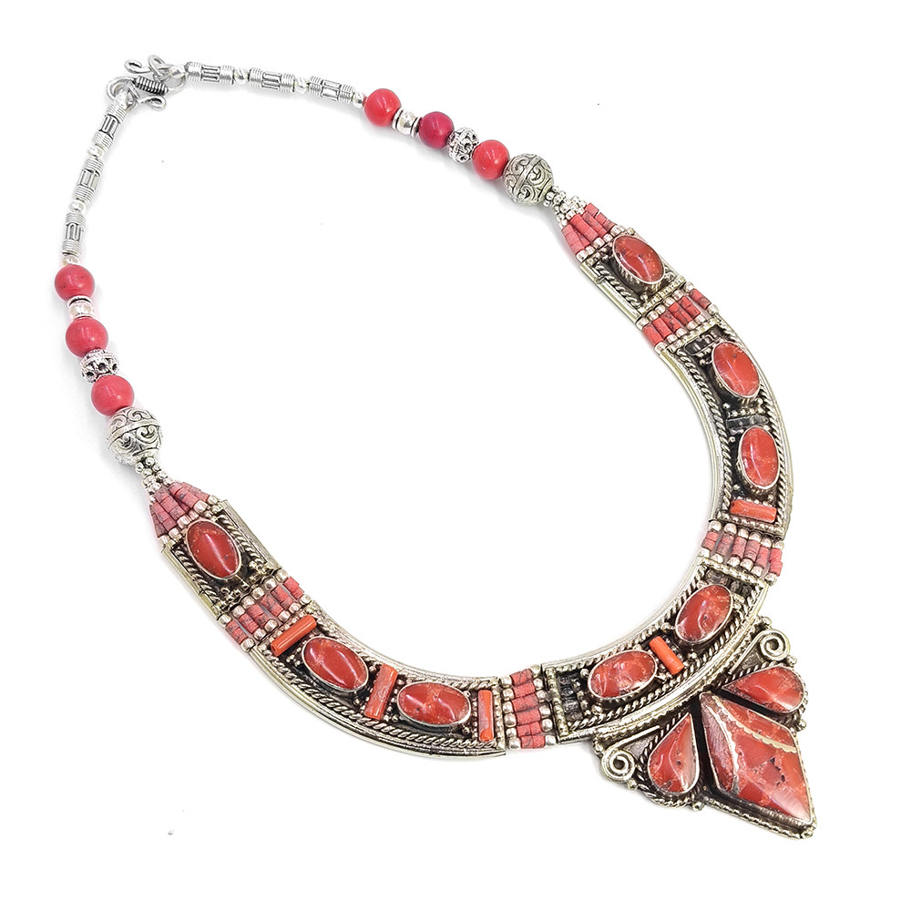 Tibetan Silver Necklace Coral Gemstone Fashion Necklace