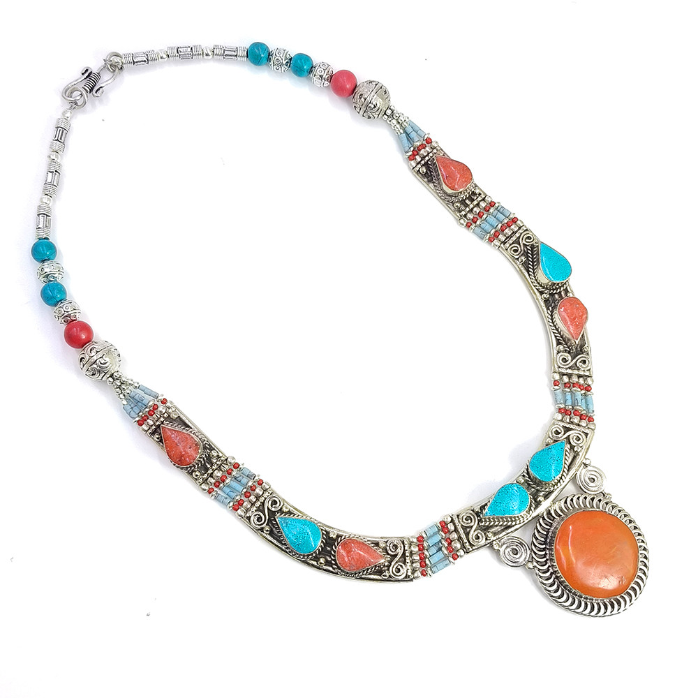 Tibetan Silver Necklace Turquoise Coral Gemstone Fashion Necklace