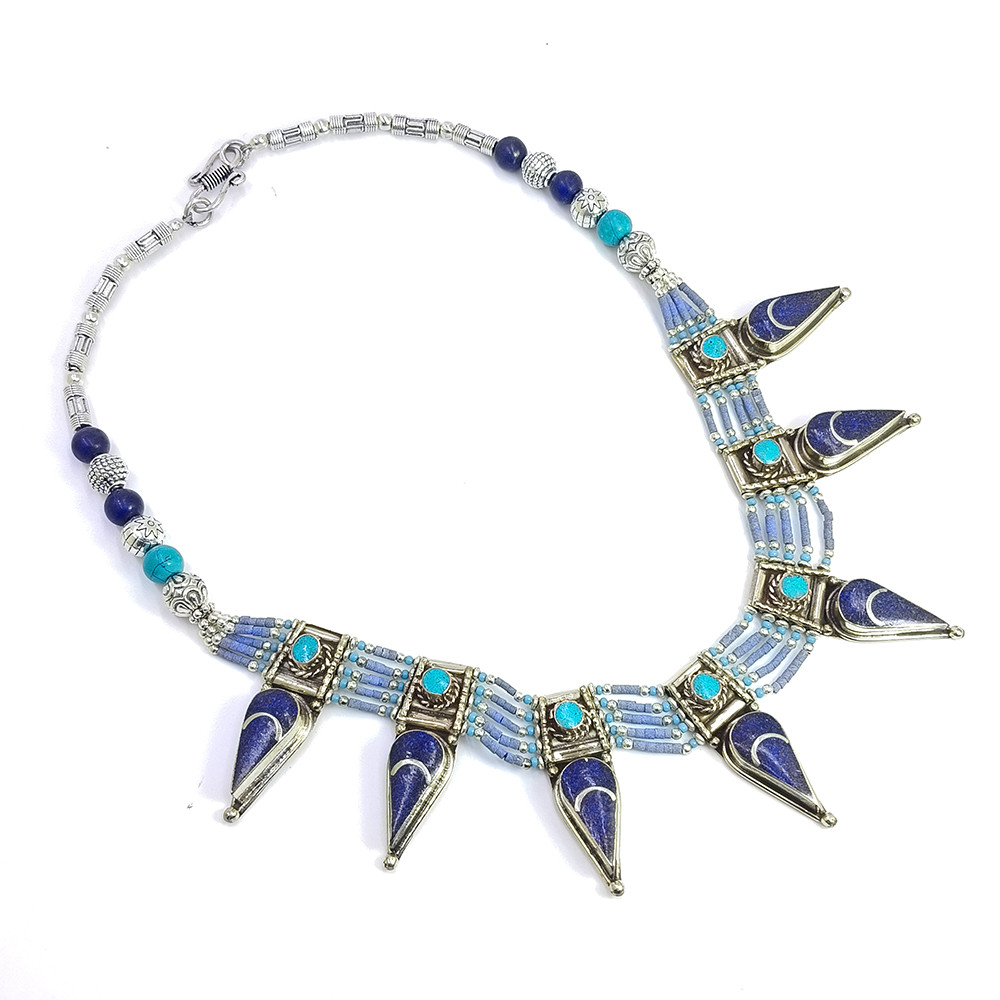 Tibetan Silver Necklace Lapis Turquoise Gemstone Fashion Necklace