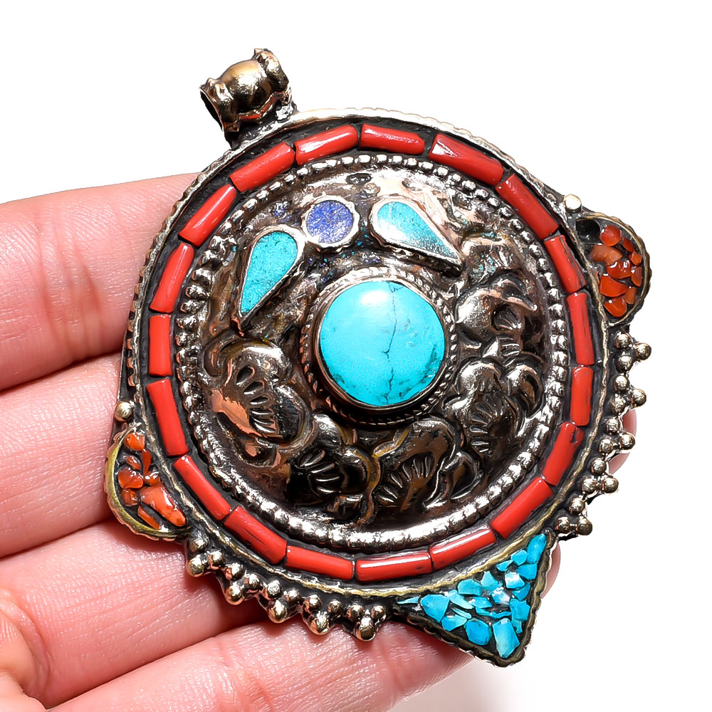 Tibetan Silver Pendant Coral Turquoise Lapis Gemstone Fashion Pendant