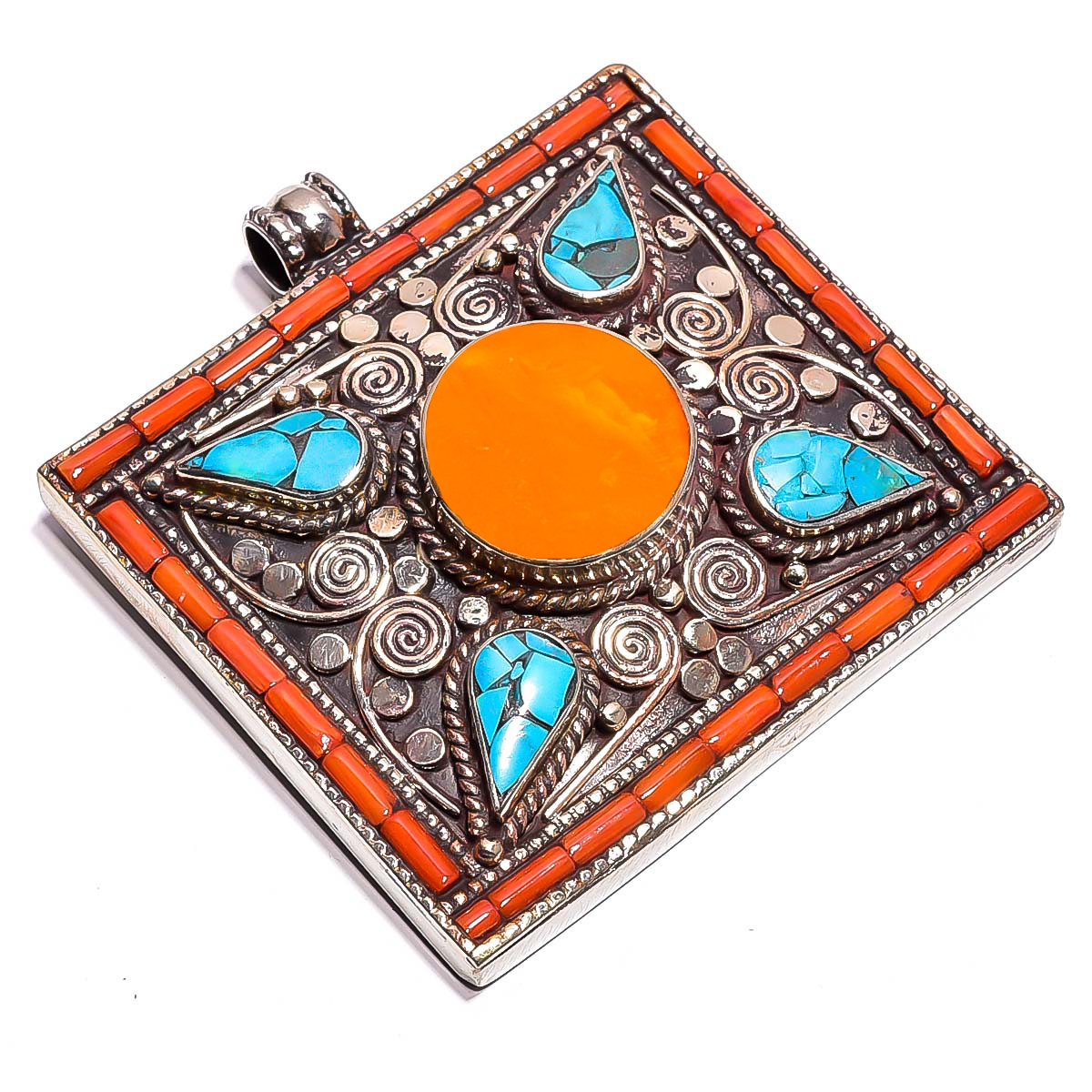 Tibetan Silver Pendant Coral Turquoise Yellow Jade Gemstone Fashion Pendant