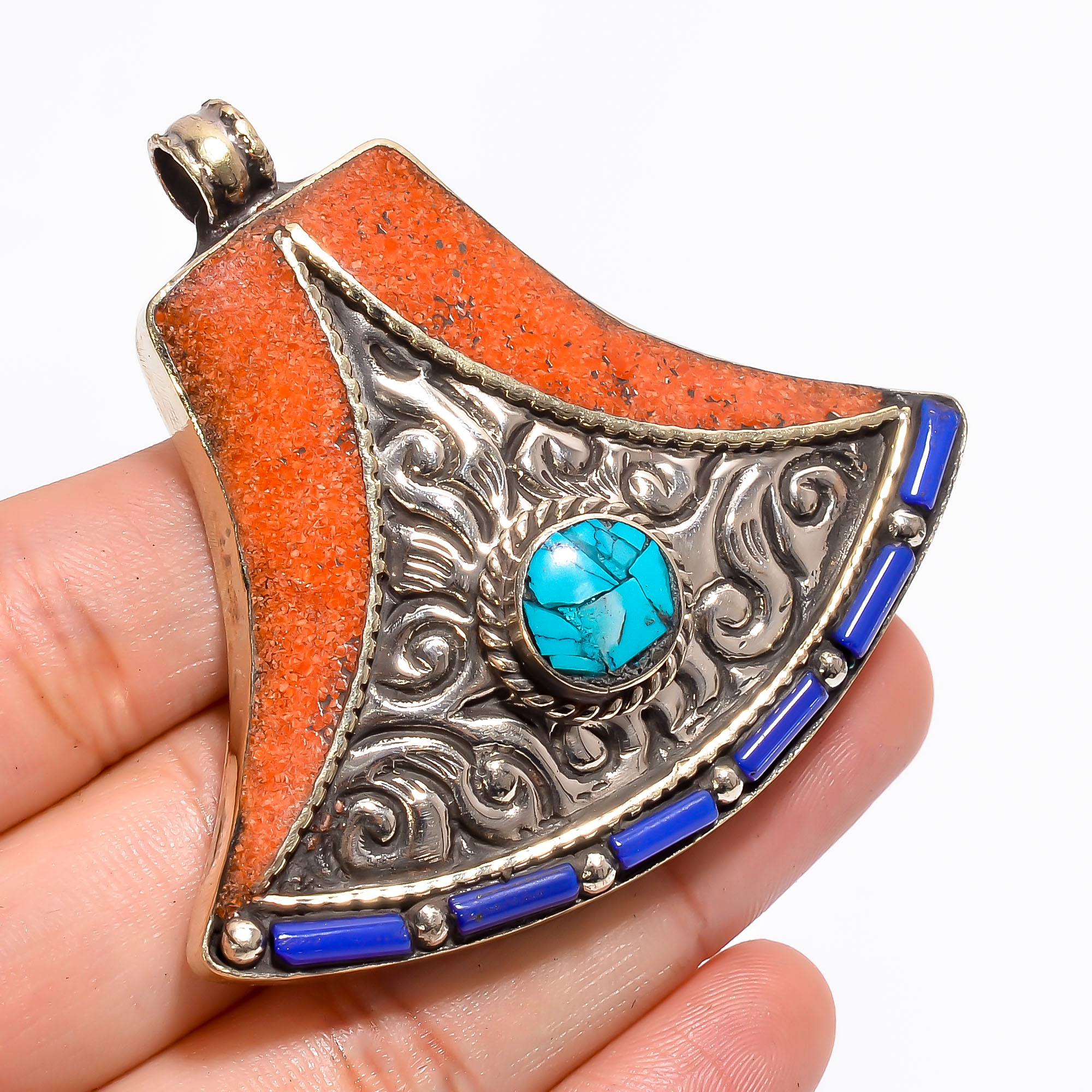 Tibetan Silver Pendant Coral Turquoise Lapis Gemstone Fashion Pendant