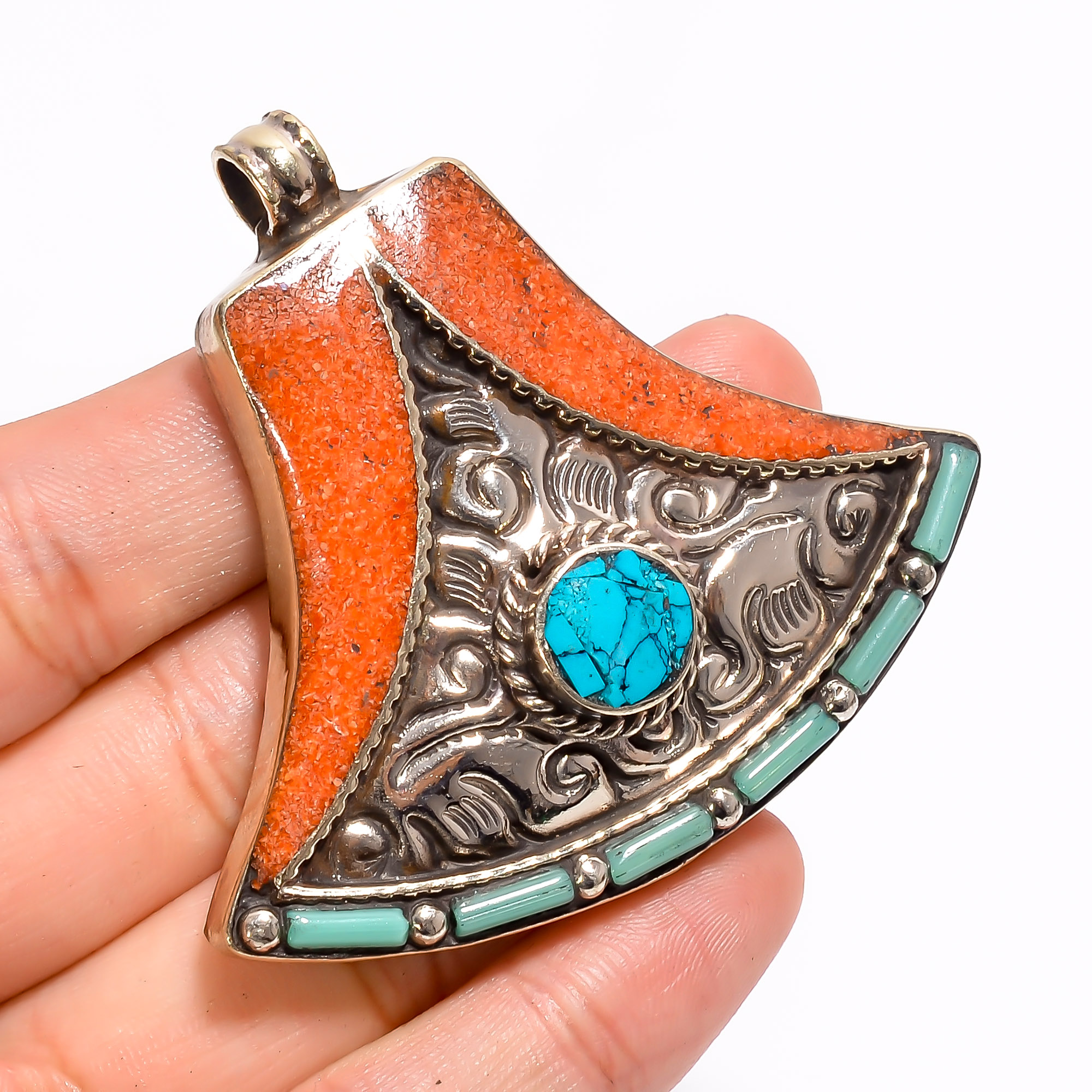 Tibetan Silver Pendant Coral Turquoise Gemstone Fashion Pendant