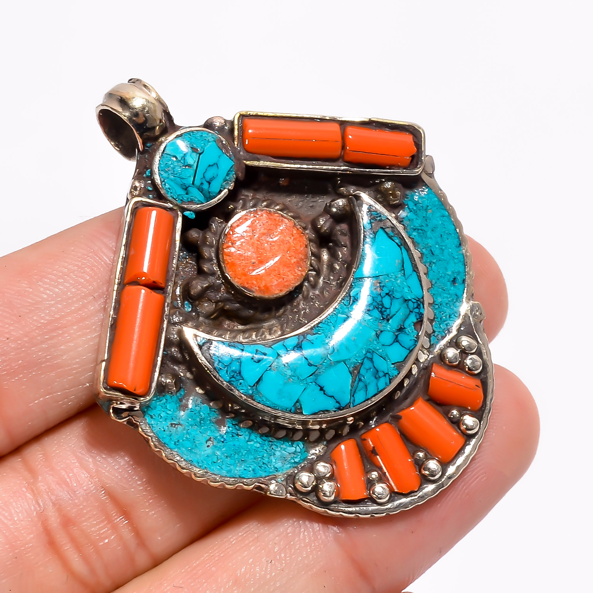 Tibetan Silver Pendant Coral Turquoise Gemstone Fashion Pendant