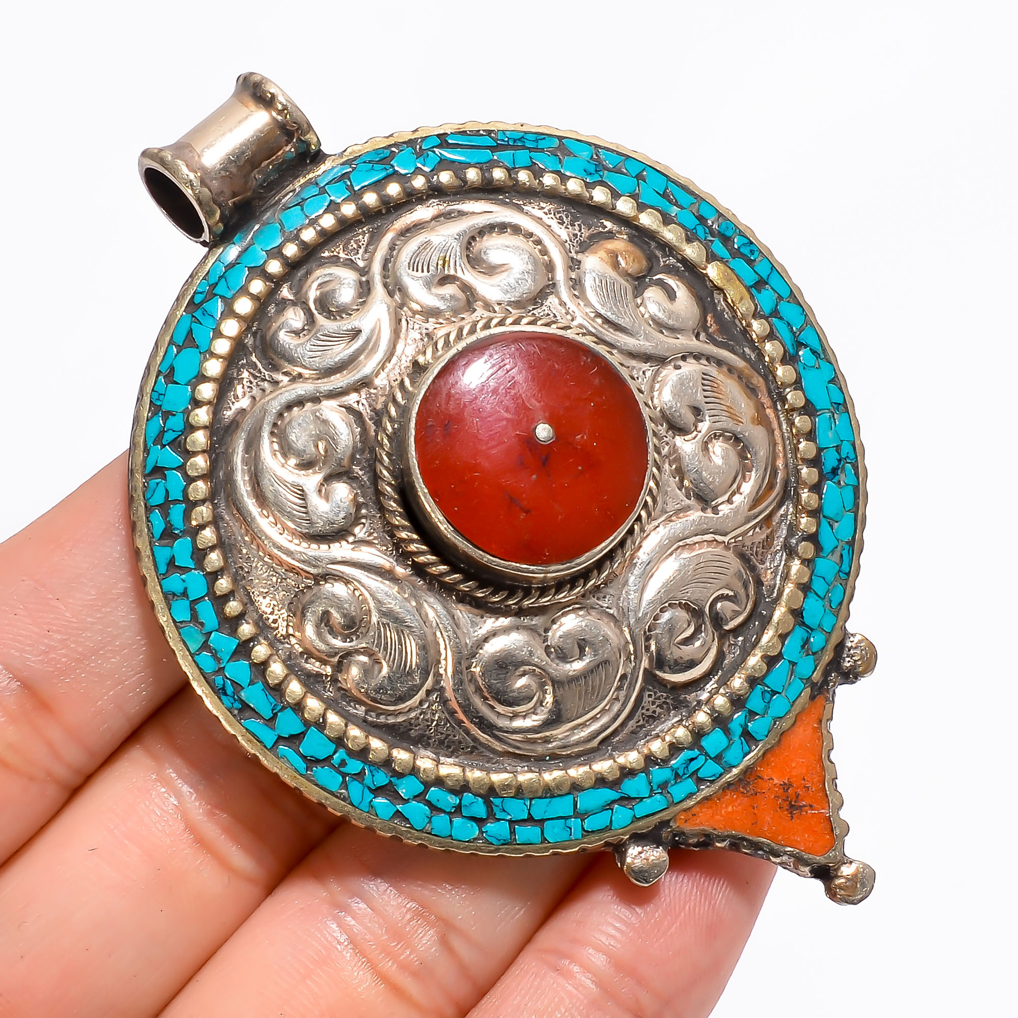 Tibetan Silver Pendant Coral Turquoise Gemstone Fashion Pendant