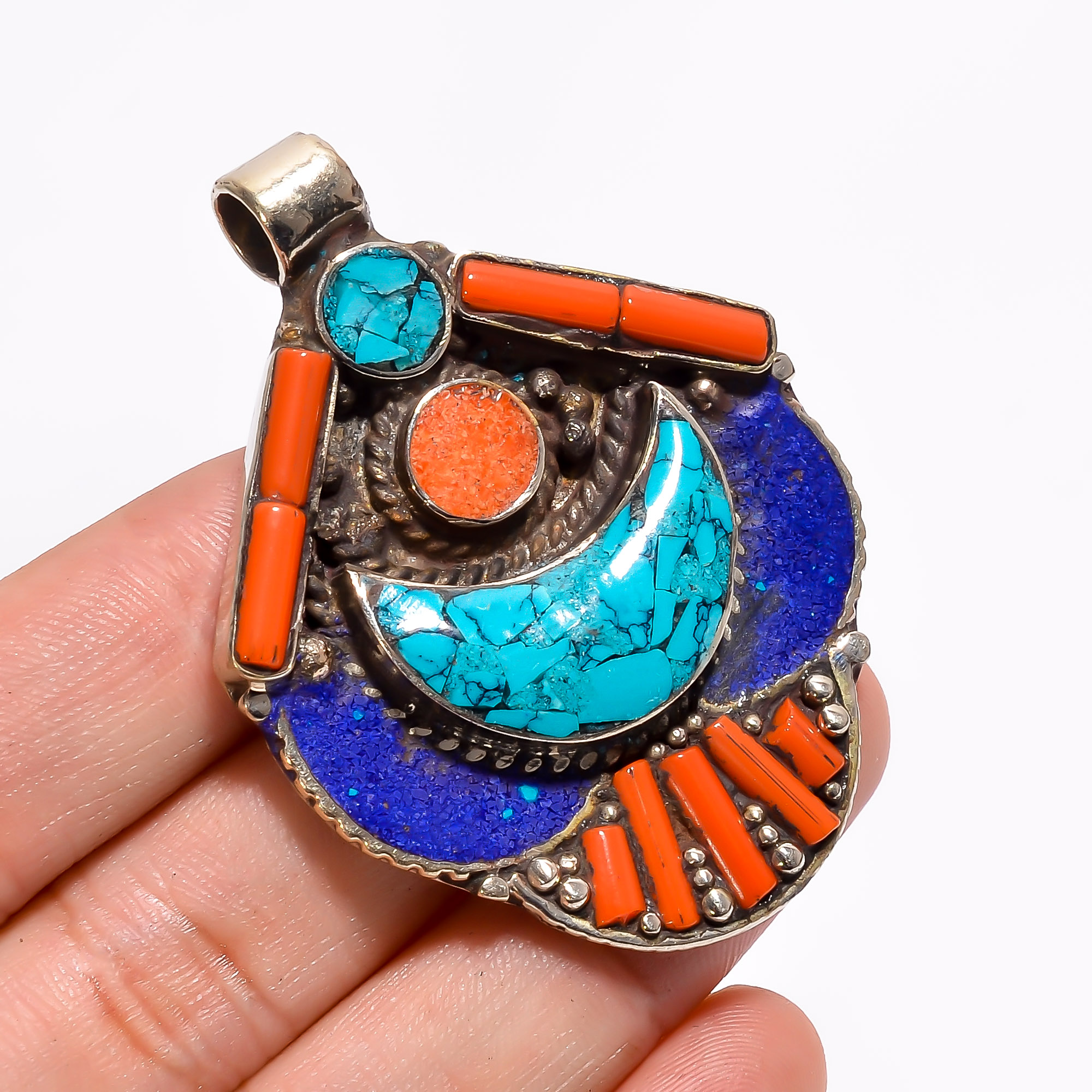 Tibetan Silver Pendant Coral Turquoise Lapis Gemstone Fashion Pendant