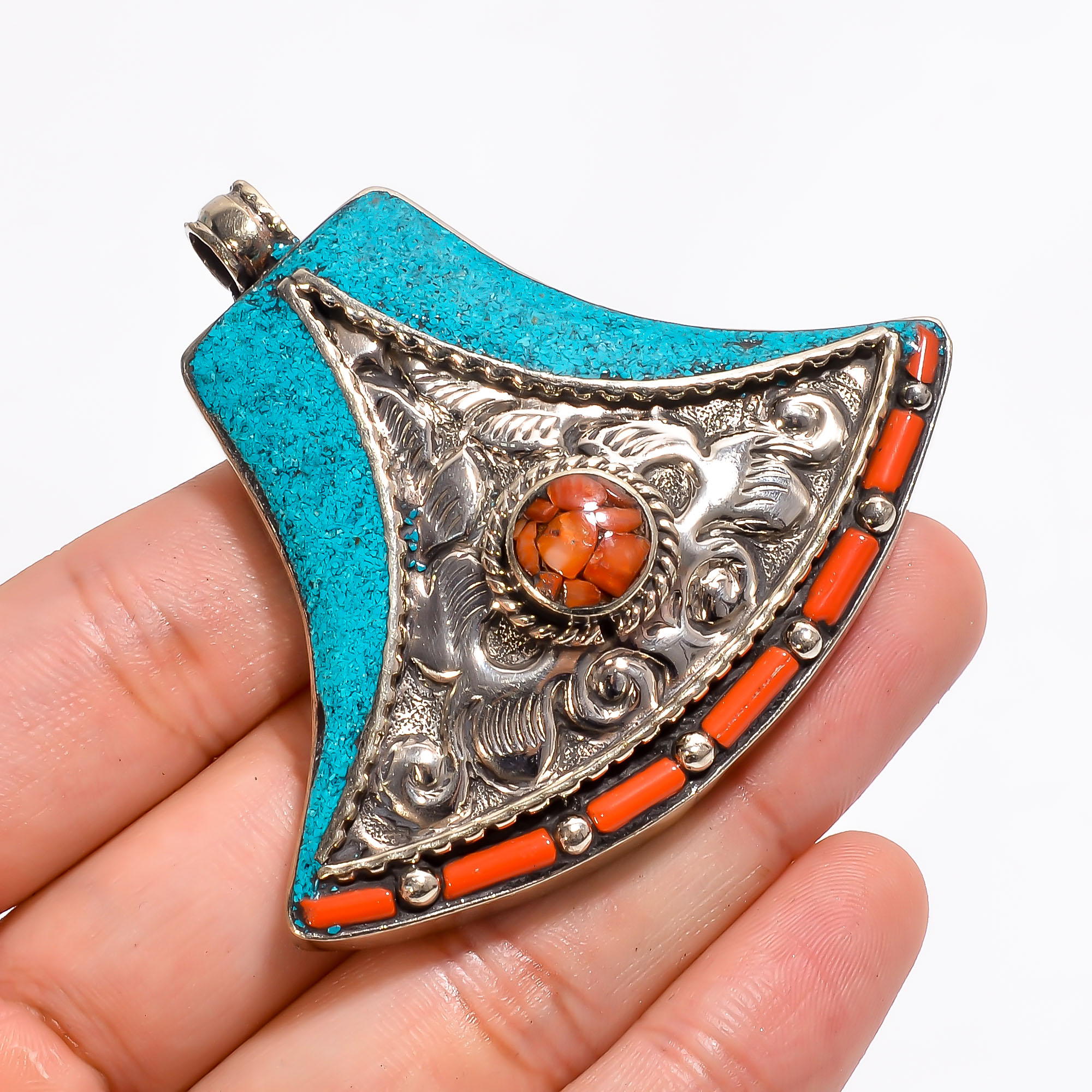 Tibetan Silver Pendant Coral Turquoise Gemstone Fashion Pendant