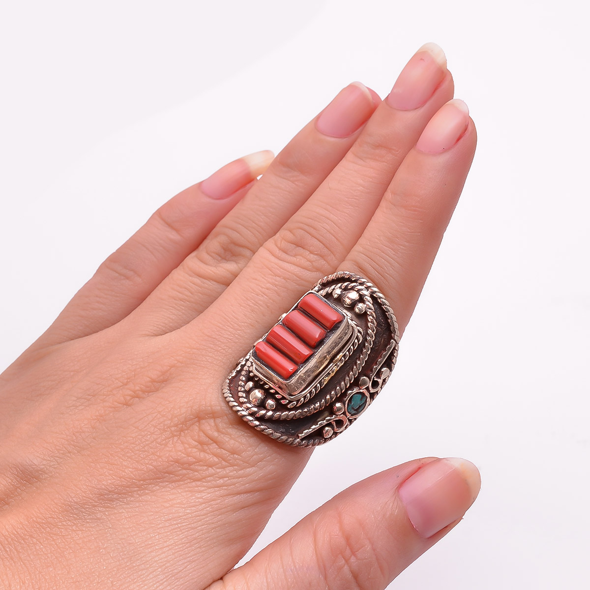 Tibetan Silver Ring Coral Turquoise Gemstone Fashion Ring Size US 7