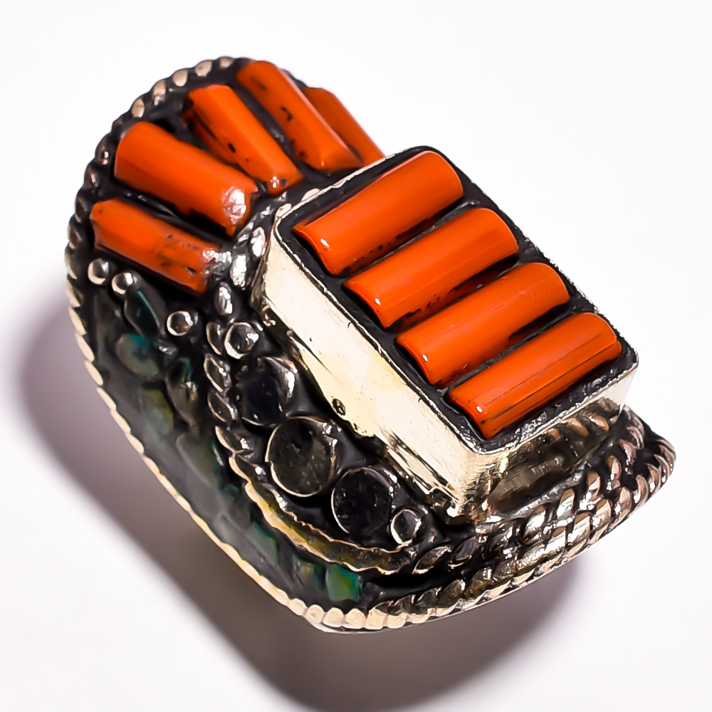 Tibetan Silver Ring Coral Turquoise Gemstone Fashion Ring