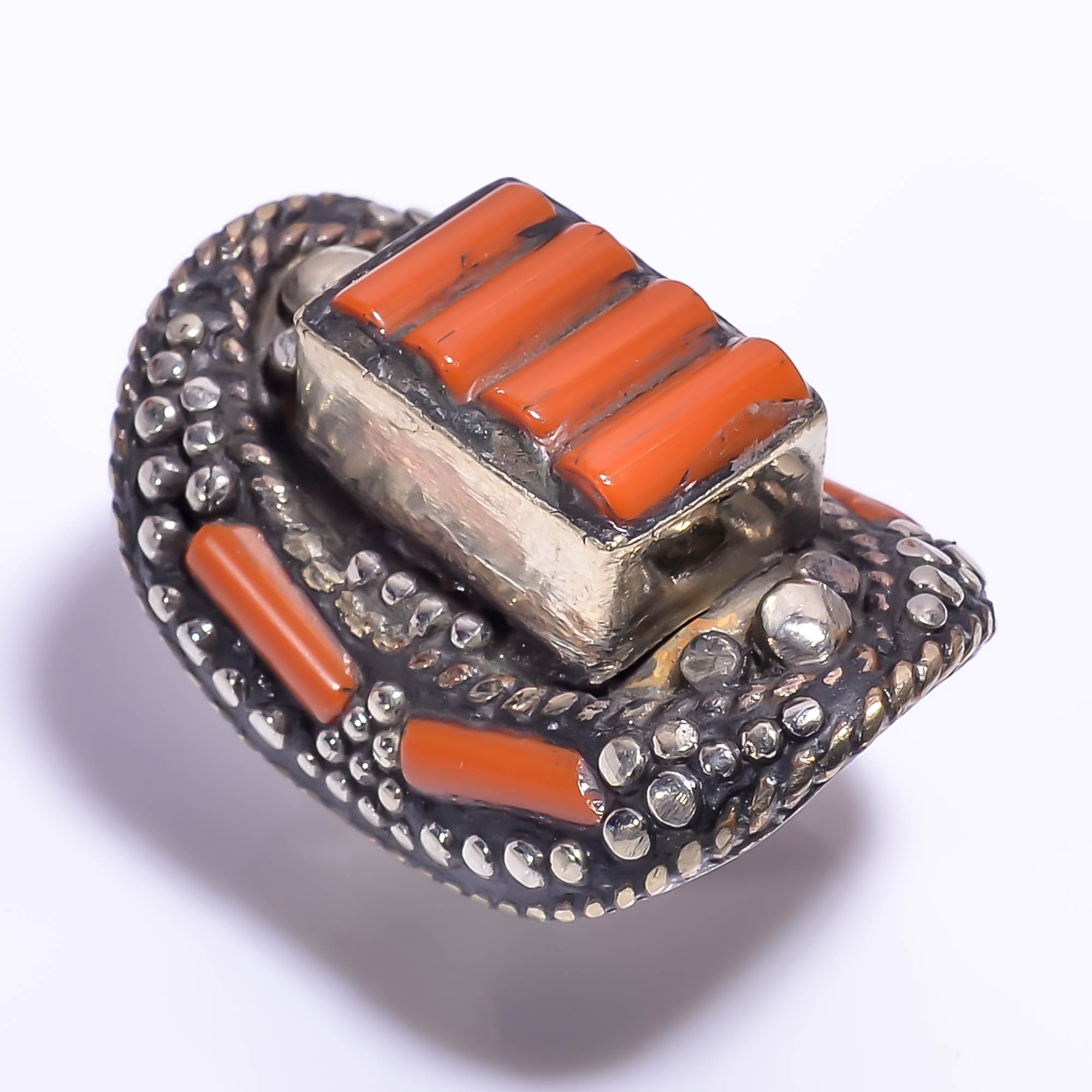 Tibetan Silver Ring Coral Gemstone Fashion Ring Size US 95