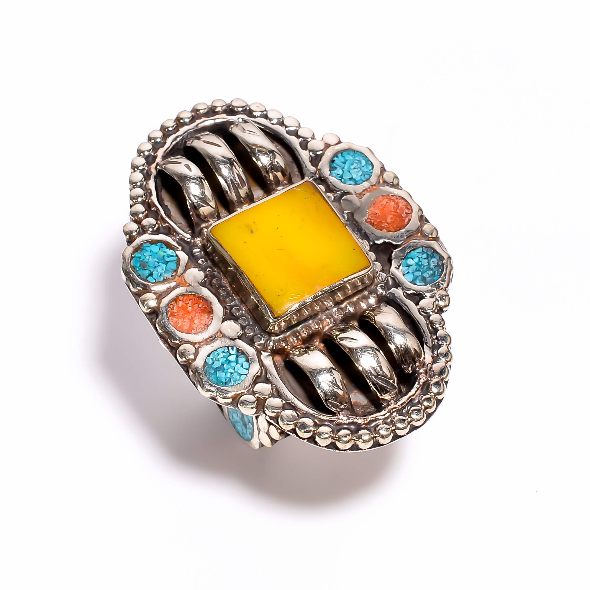 Tibetan Silver Ring Yellow Jade Coral Turquoise Gemstone Fashion Ring