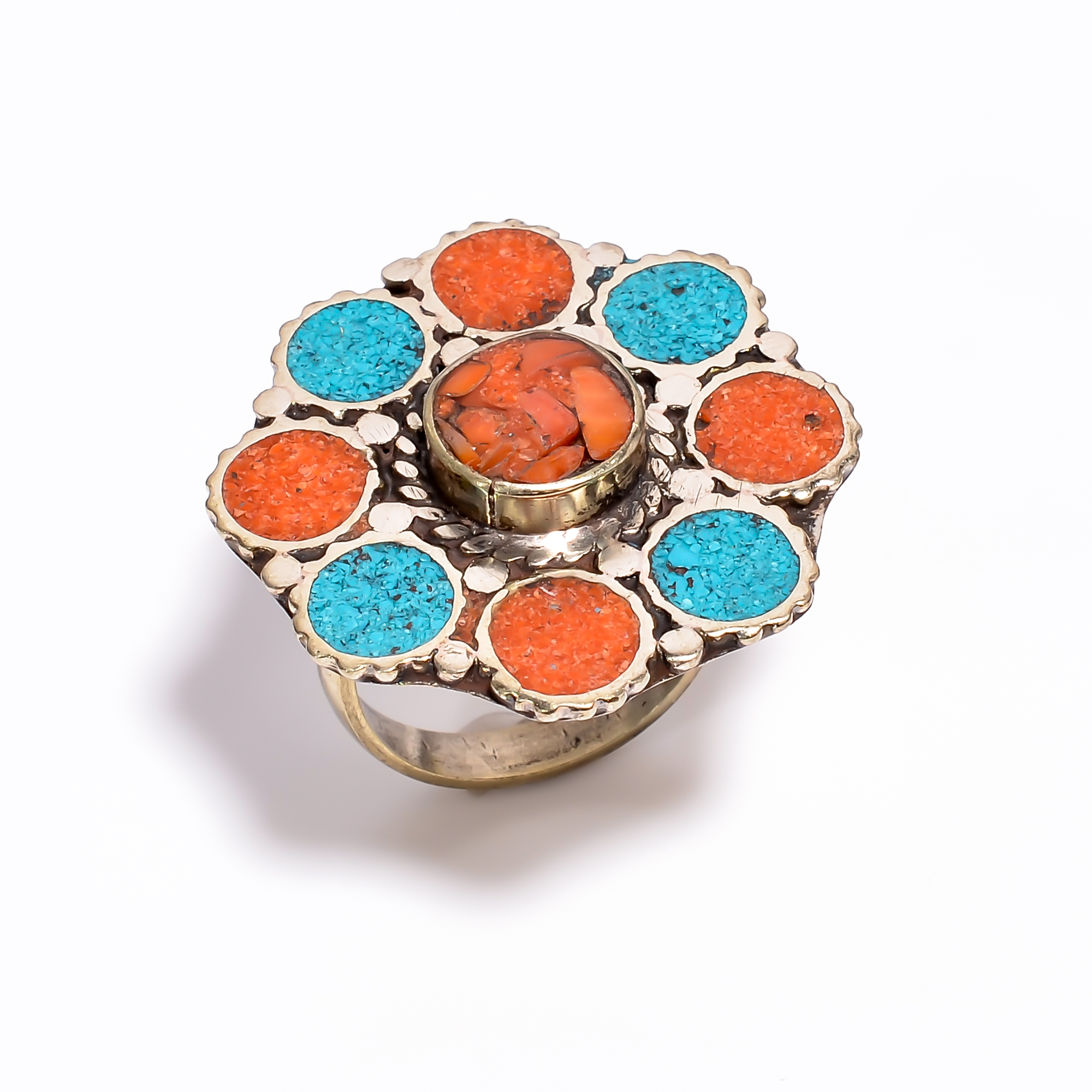 Tibetan Silver Ring Coral Turquoise Gemstone Fashion Ring Size US 6