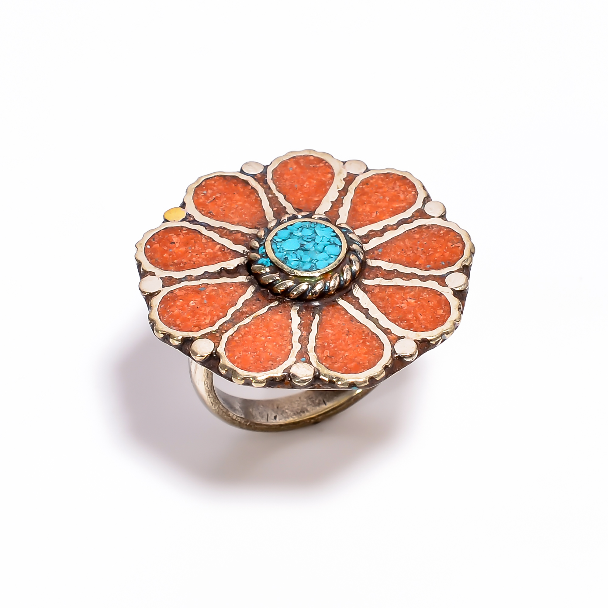 Tibetan Silver Ring Coral Turquoise Gemstone Fashion Ring Size US 75