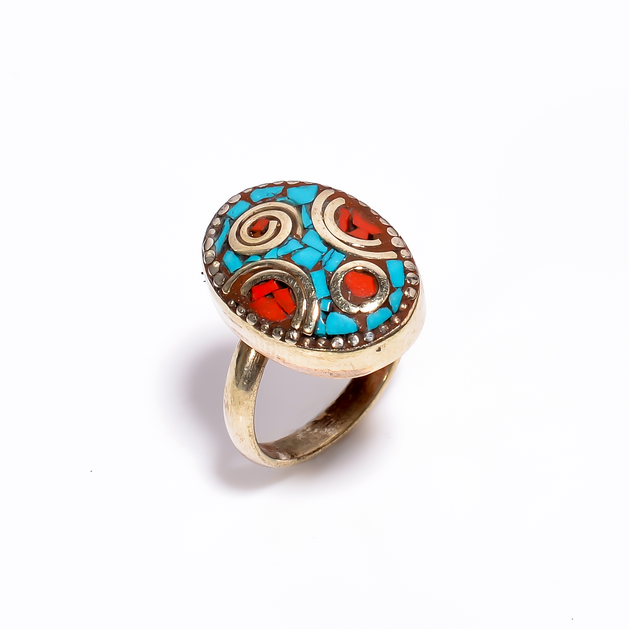 Tibetan Silver Ring Coral Turquoise Gemstone Fashion Ring Size US 85
