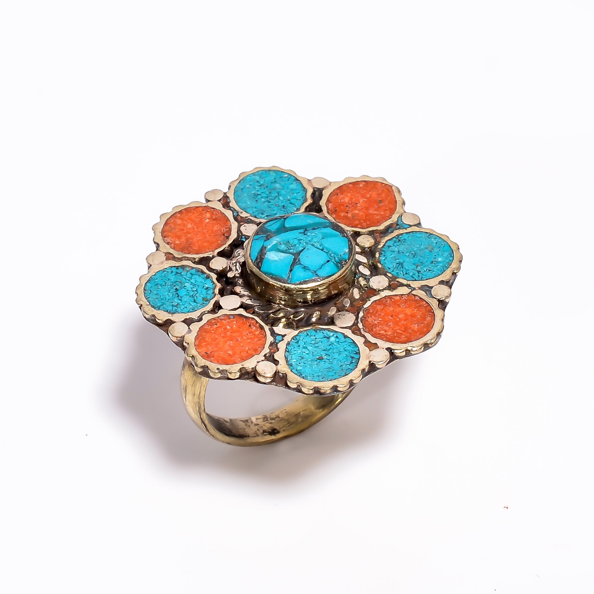 Tibetan Silver Ring Coral Turquoise Gemstone Fashion Ring Size US 7