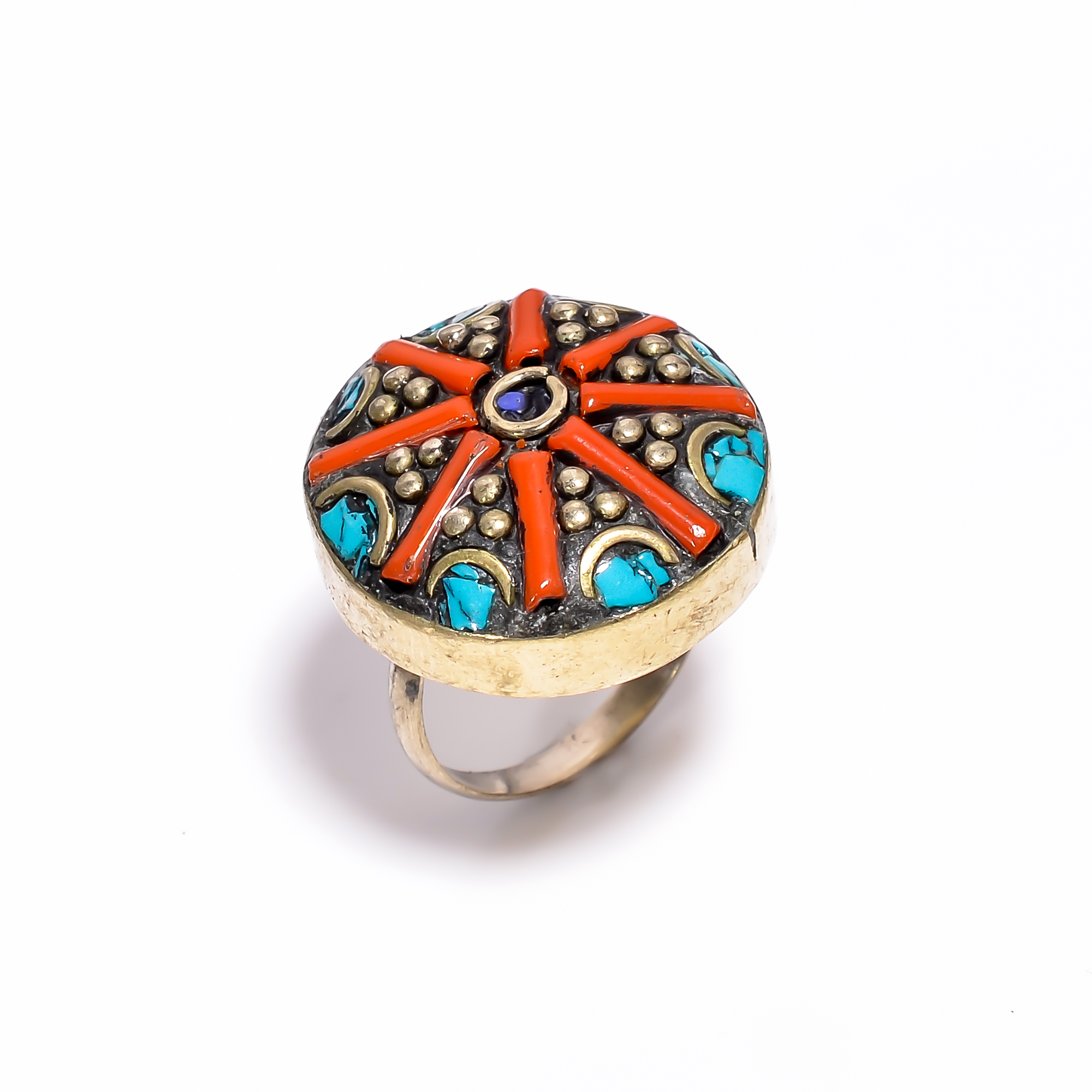 Tibetan Silver Ring Coral Turquoise Gemstone Fashion Ring Size US 6