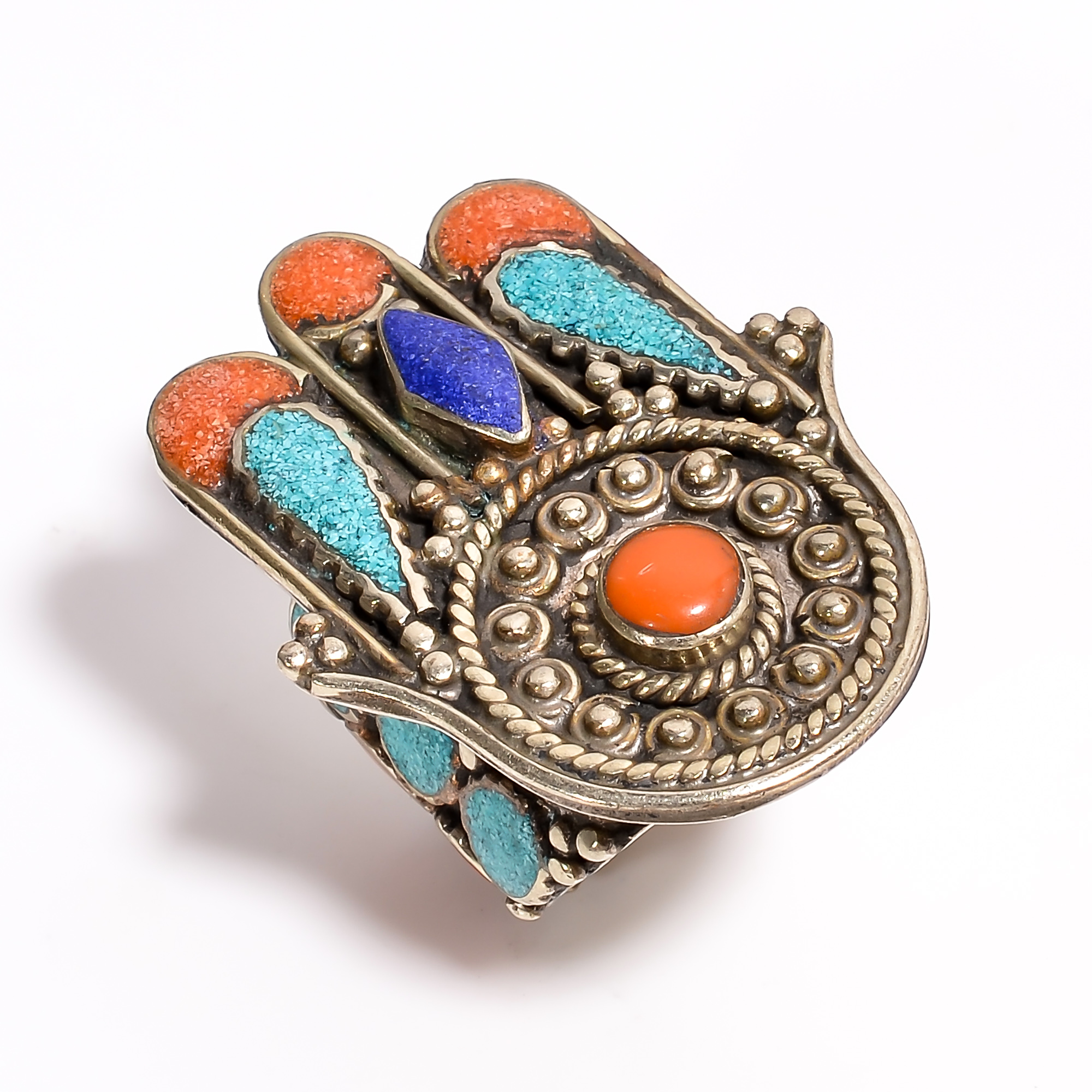 Tibetan Silver Ring Coral Turquoise Gemstone Fashion Ring Size US 65