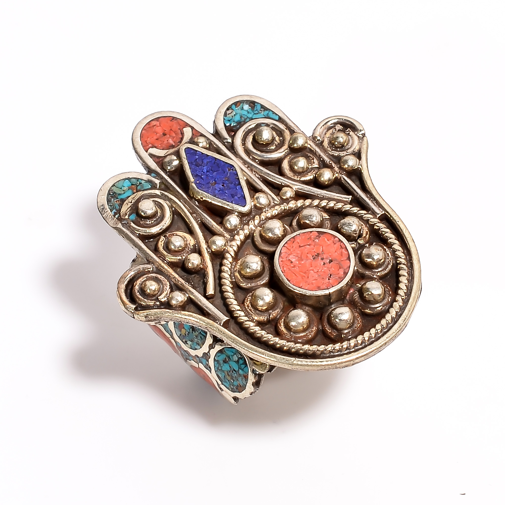 Tibetan Silver Ring Lapis Coral Gemstone Fashion Ring Size US 7