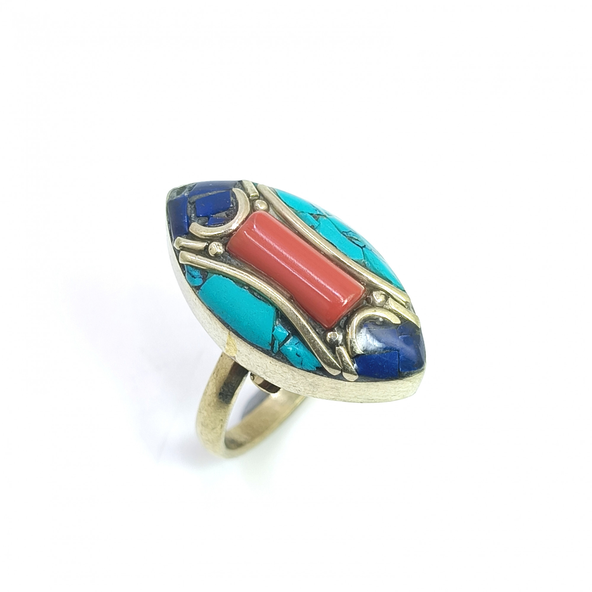 Tibetan Silver Ring Turquoise Coral Gemstone Fashion Ring Size US 5 Adjustable