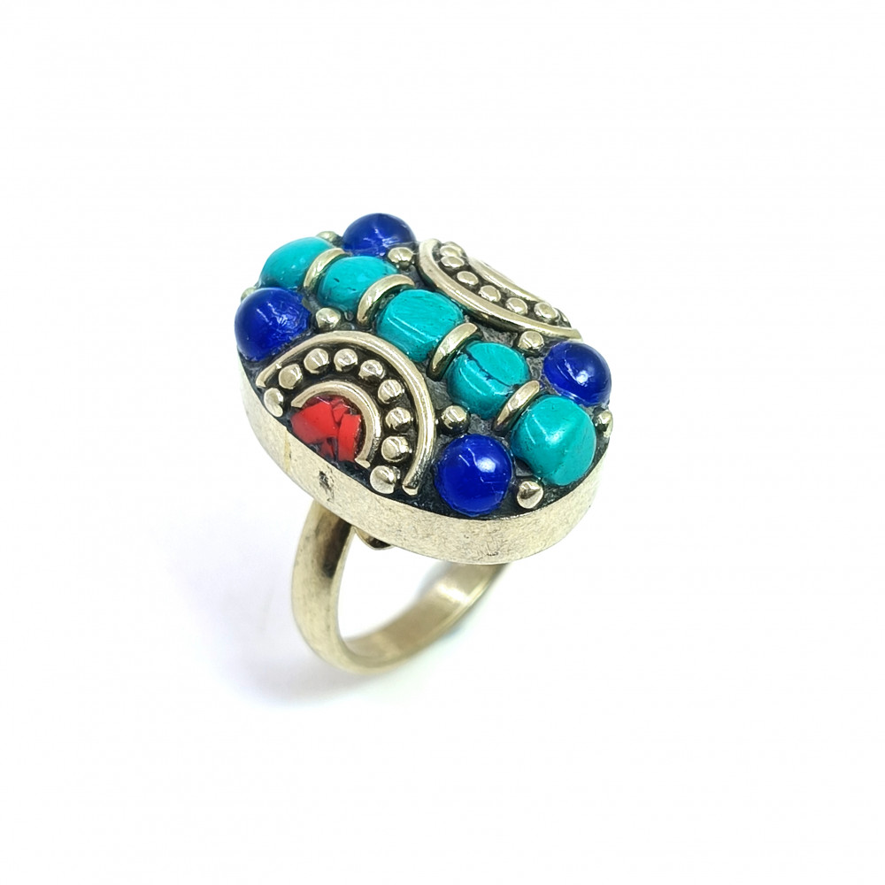 Image of Tibetan Silver Ring Turquoise Lapis Gemstone Fashion Ring Size US 4.5 Adjustable