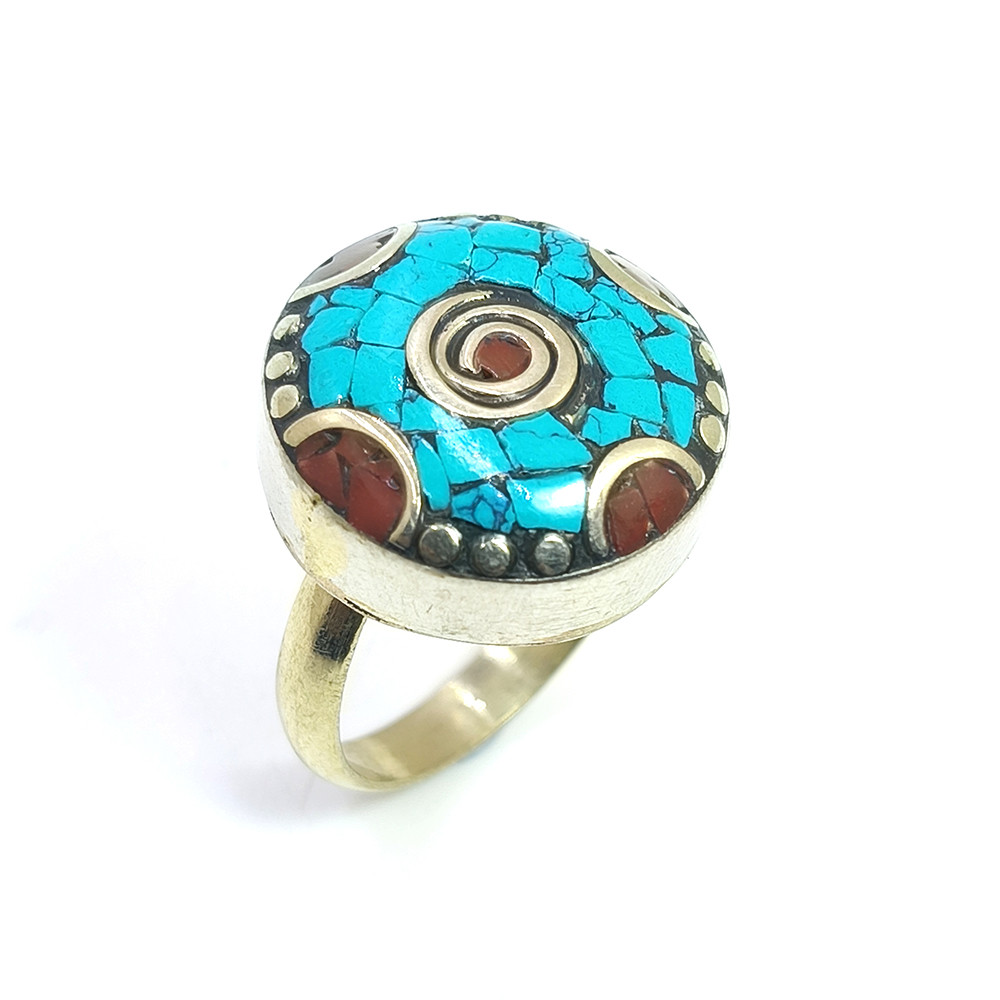 Tibetan Silver Ring Turquoise Coral Gemstone Fashion Ring Size US 85 Adjustable