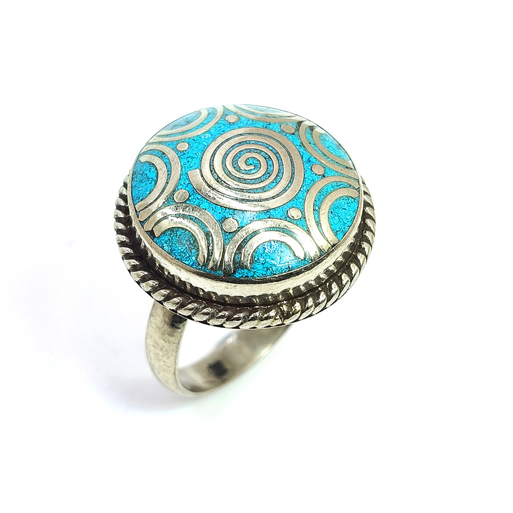 Tibetan Silver Ring Turquoise Gemstone Fashion Ring Size US 75 Adjustable