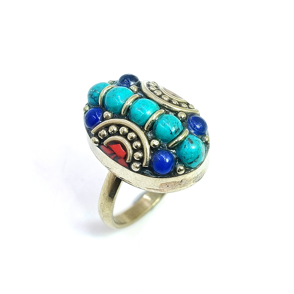Tibetan Silver Ring Turquoise Lapis Gemstone Fashion Ring Size US 55 Adjustable