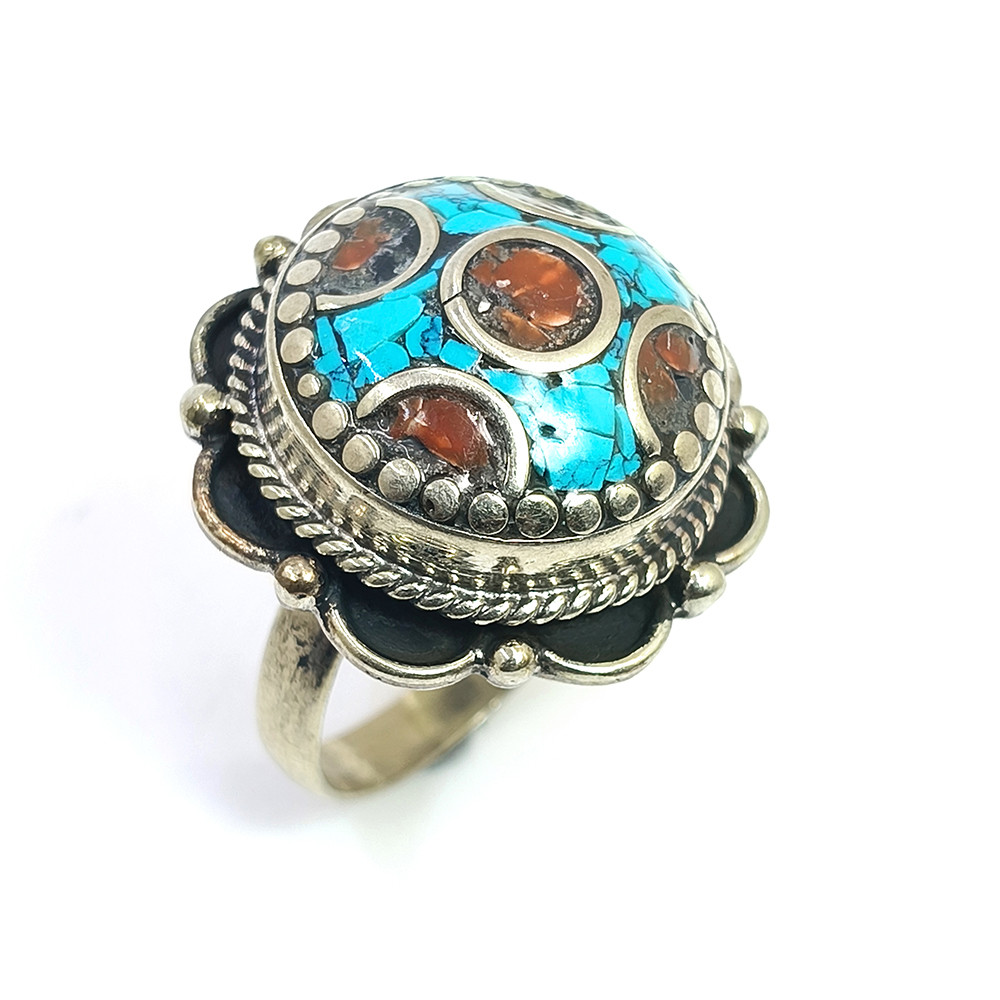 Tibetan Silver Ring Turquoise Coral Gemstone Fashion Ring Size US 9 Adjustable