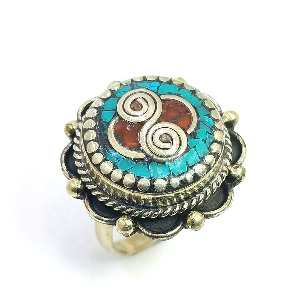 Tibetan Silver Ring Turquoise Coral Gemstone Fashion Ring Size US 8 Adjustable