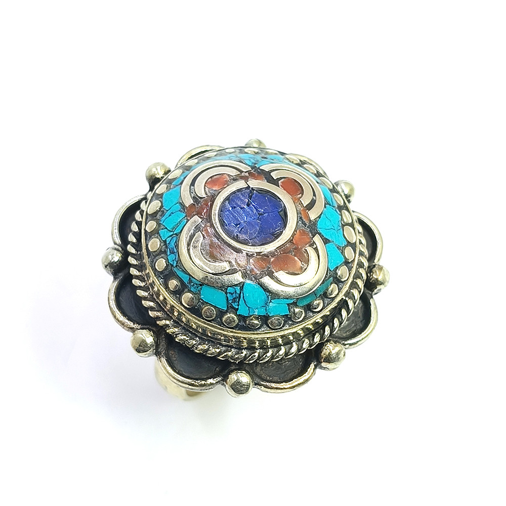 Tibetan Silver Ring Turquoise Coral Gemstone Fashion Ring Size US 9 Adjustable